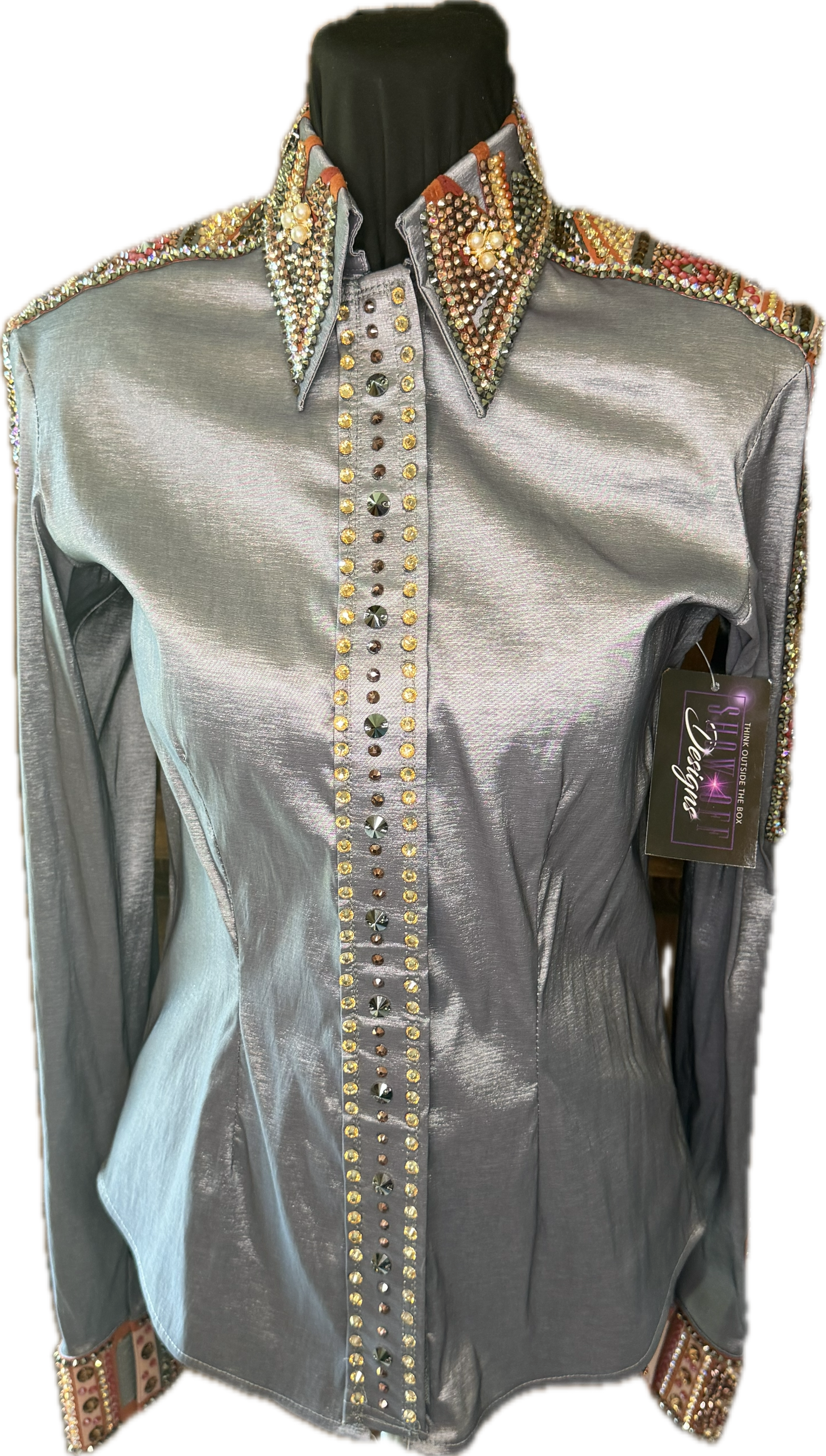 Medium Charcoal Grey Stretch Taffeta Day Shirt with Peach and Rust