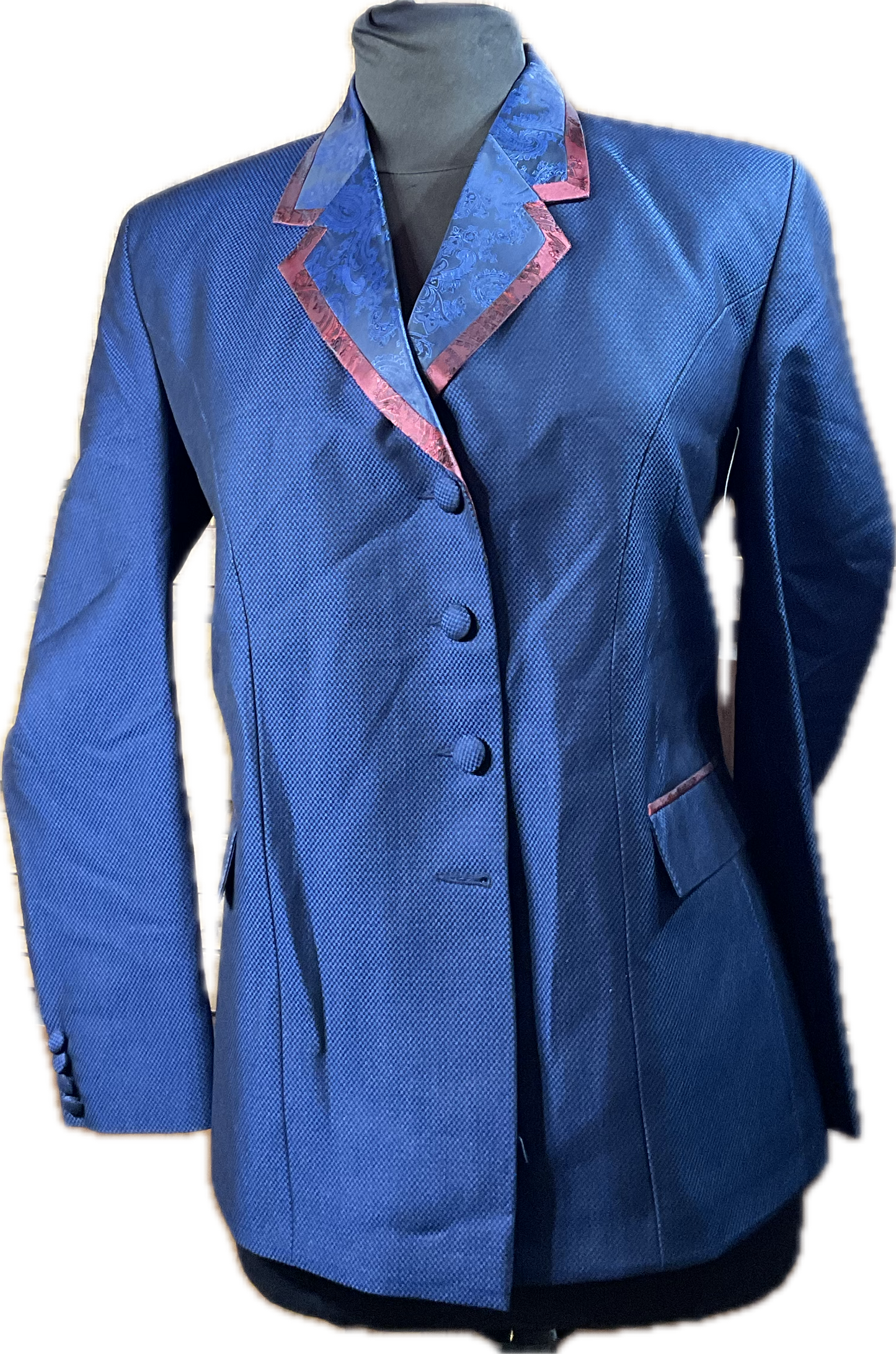 *42 Bust* Halter Coat* Blue mini box with brick red paisley trims with hidden zipper behind the buttons.