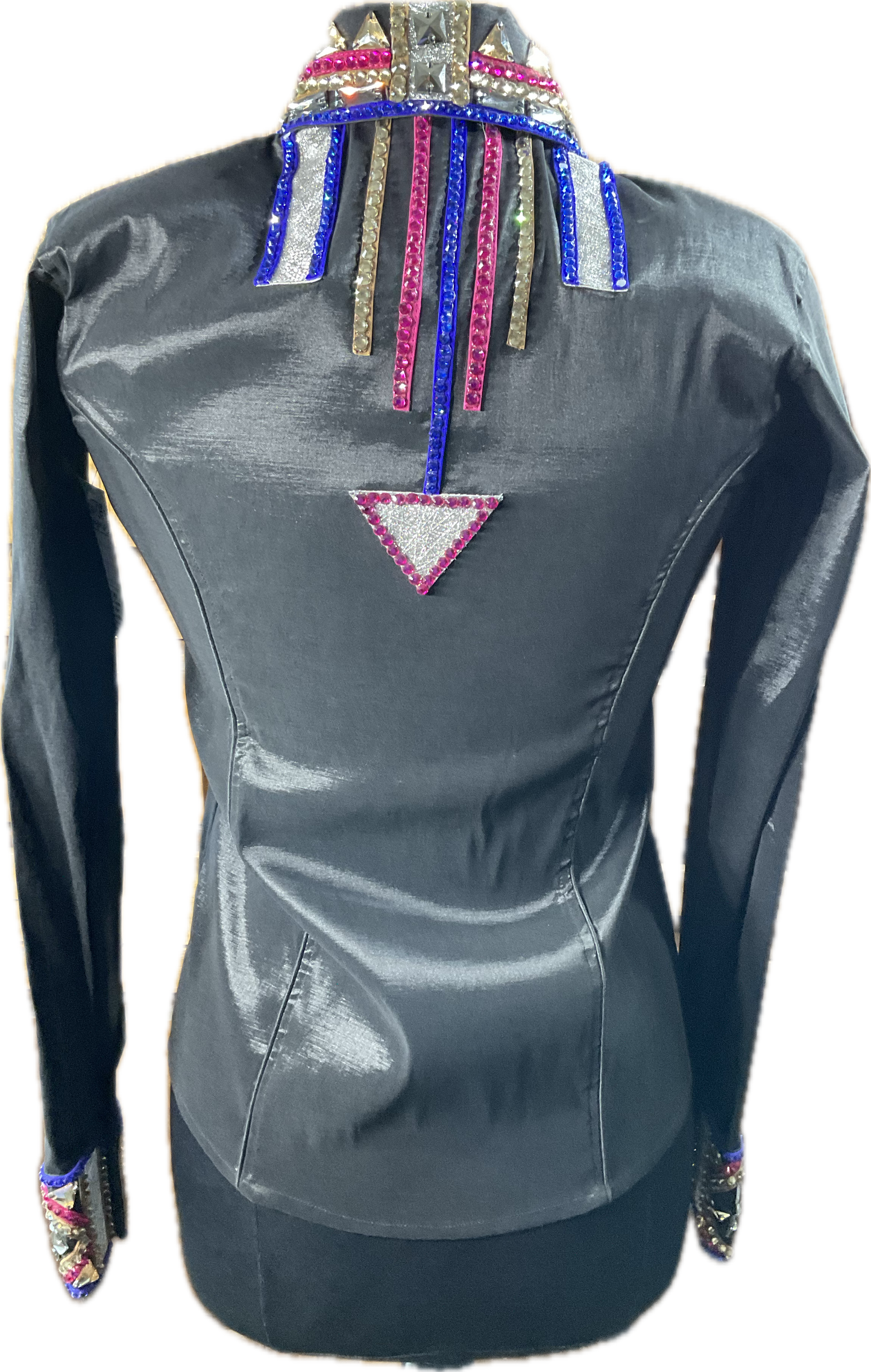 Small black stretch taffeta day shirt with royal blue, gold and pink accents