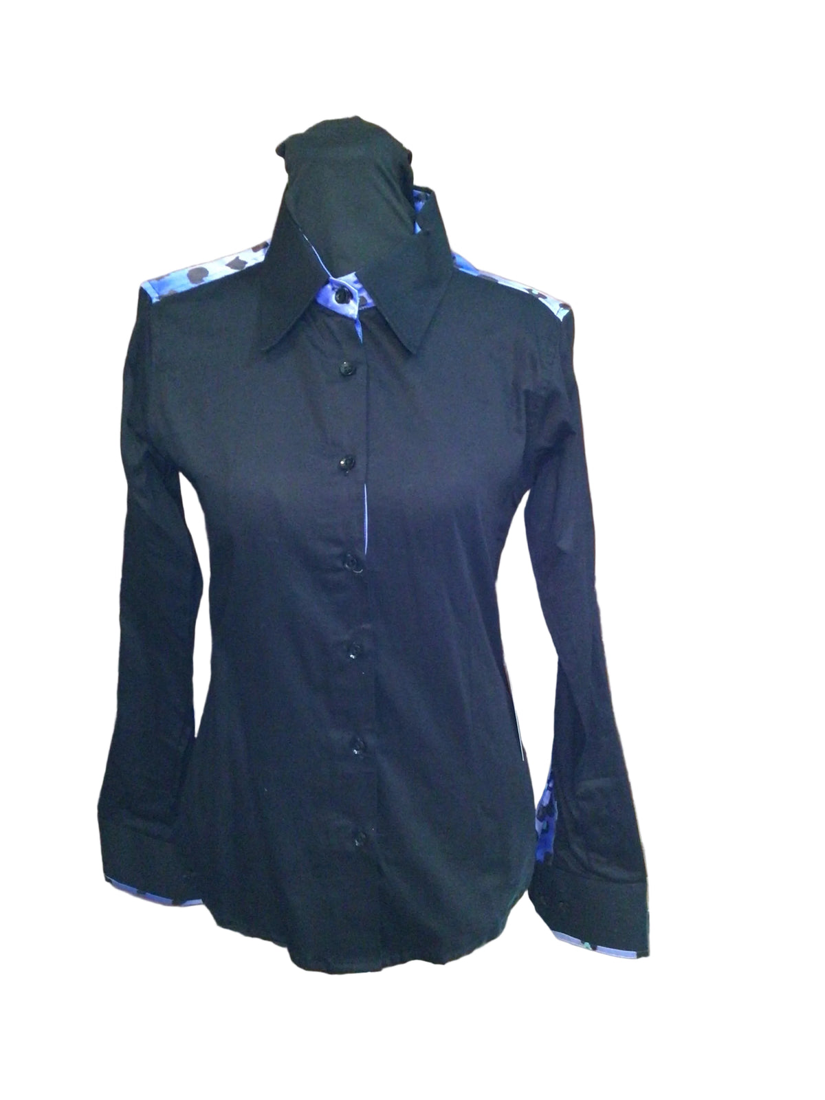 XS Black Cotton Day Shirt with Black and Blue Leopard Print Details