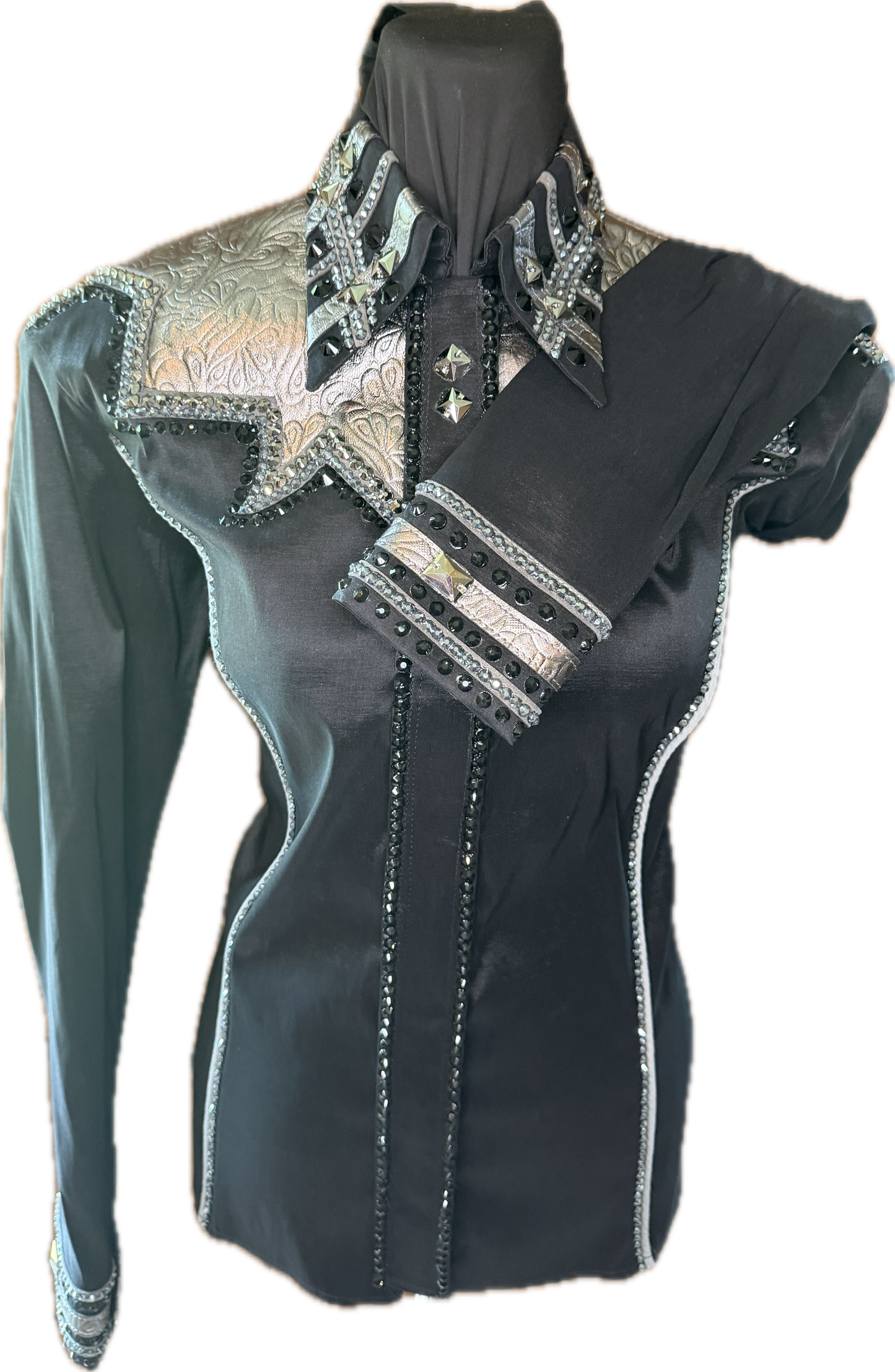 Large Stretch Taffeta Day Shirt Black with Soft Charcoal Tooled Leather Retro Design