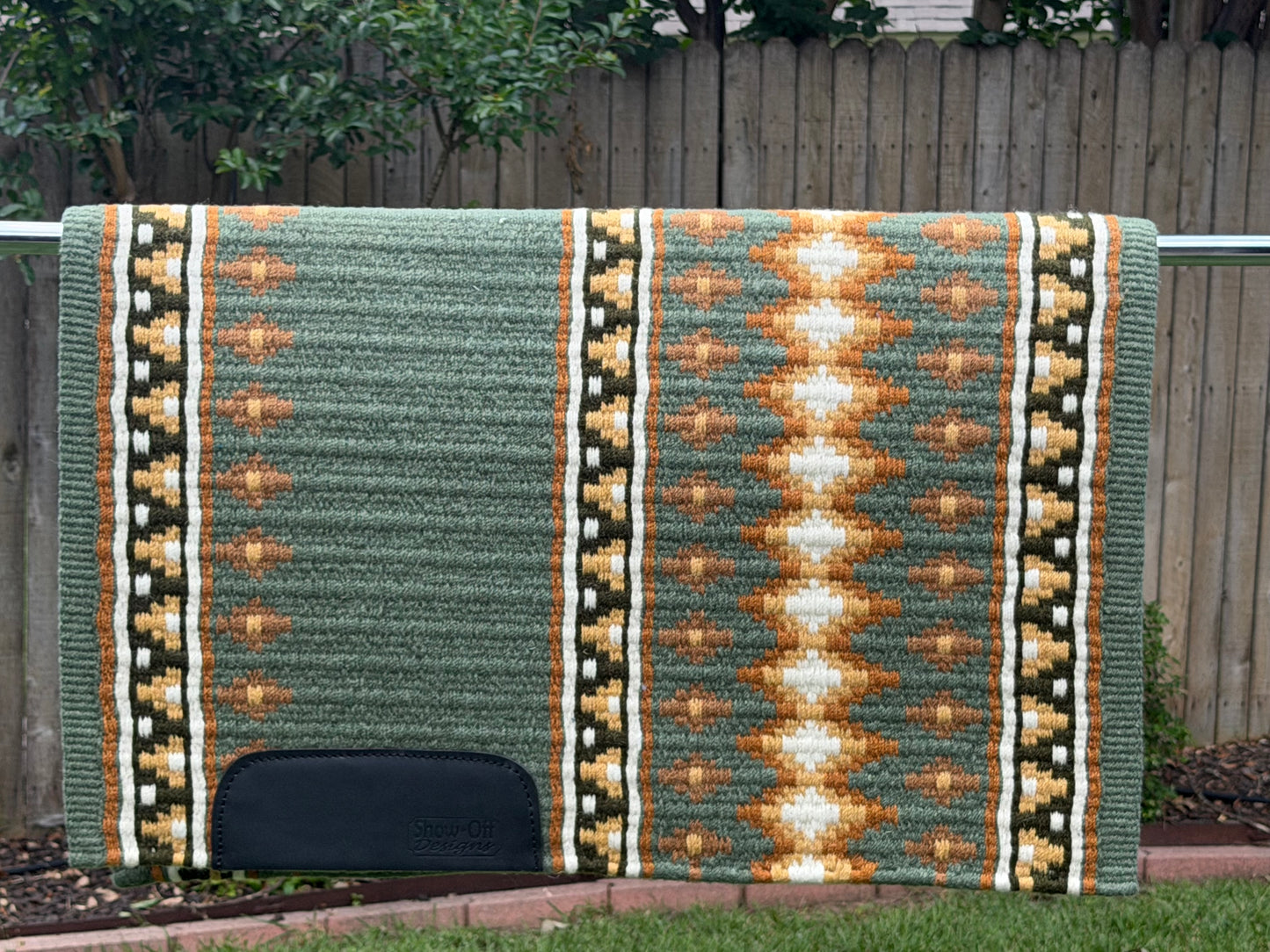 B557 Oversized Saddle Blanket Sage Green. Olive Green, White, Indian Tan. Sheep Skin, Raw Umber