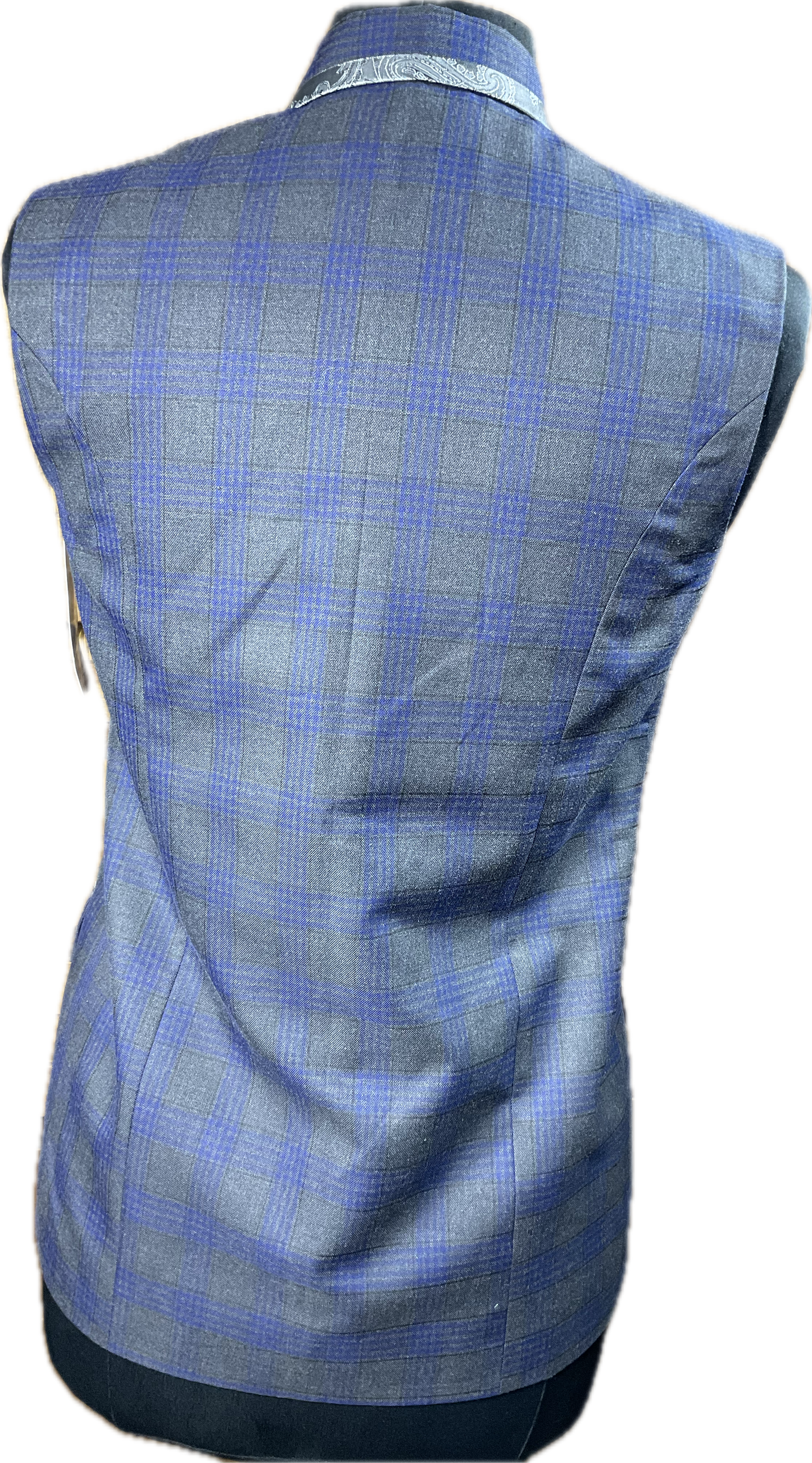 *36 Bust* Charcoal grey and navy plaid with grey paisley trims