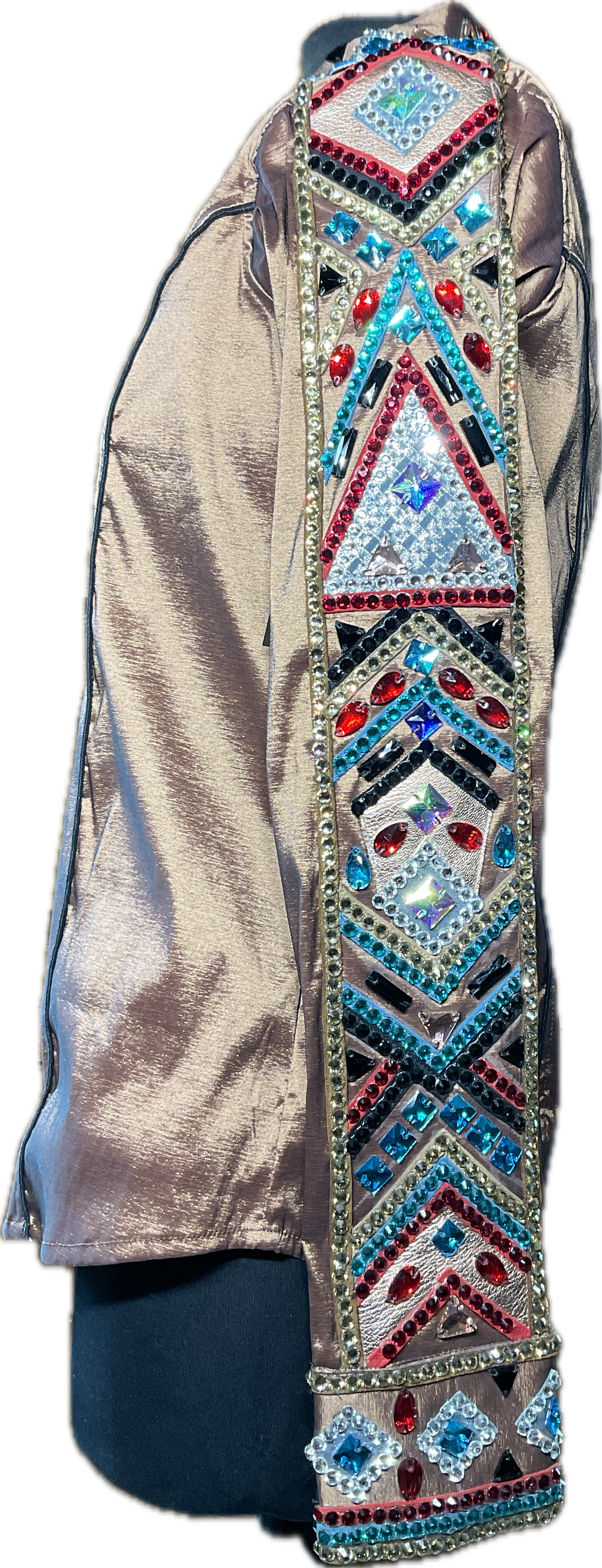 Size Large Brown Stretch Taffeta Day Shirt With Black, Gold, Red and Aqua Blue Accents