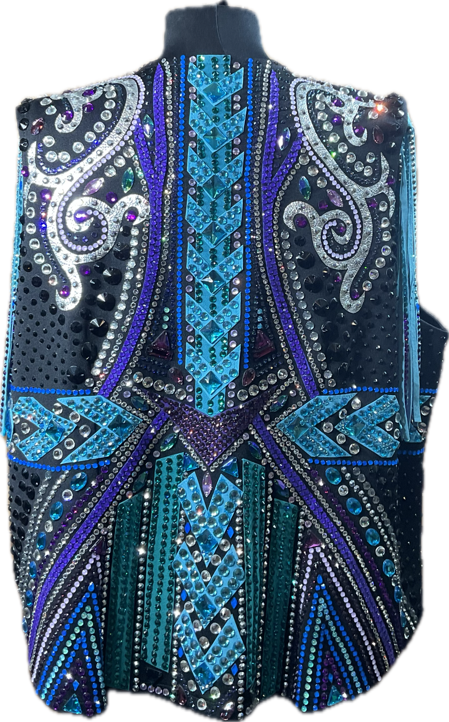 Size XXL black vest with detachable shoulder fringe. Teal, turquoise, purples and white accents.