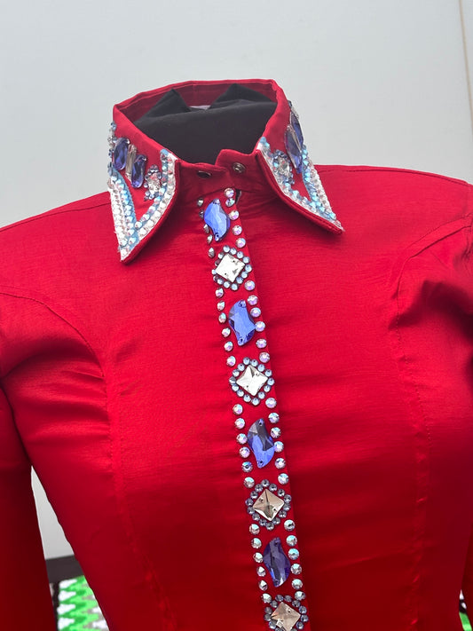 Size small day shirt bright red stretch taffeta with royal, aqua and clear accents