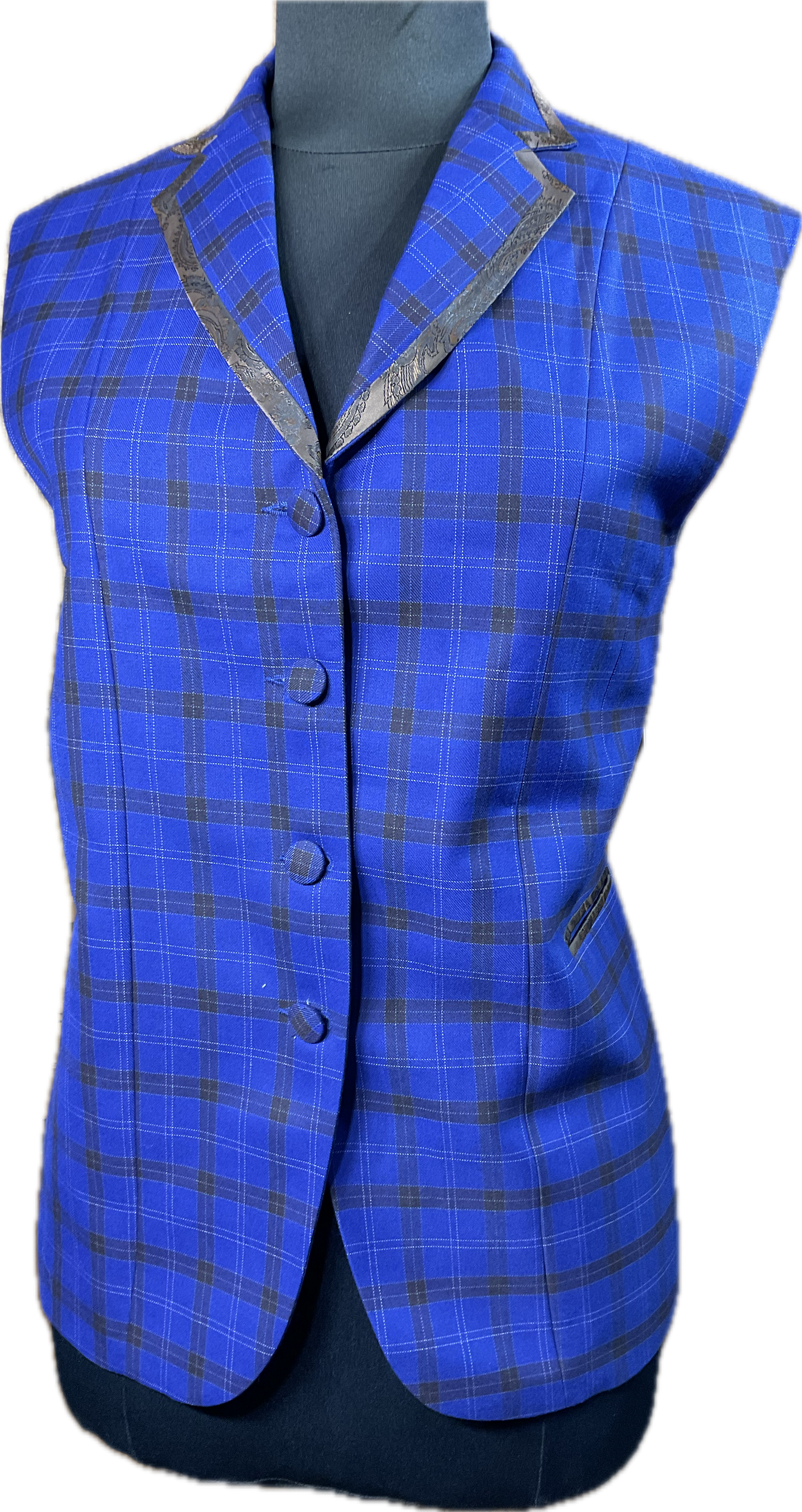 *44 Bust* Navy blue plaid with copper paisley trims