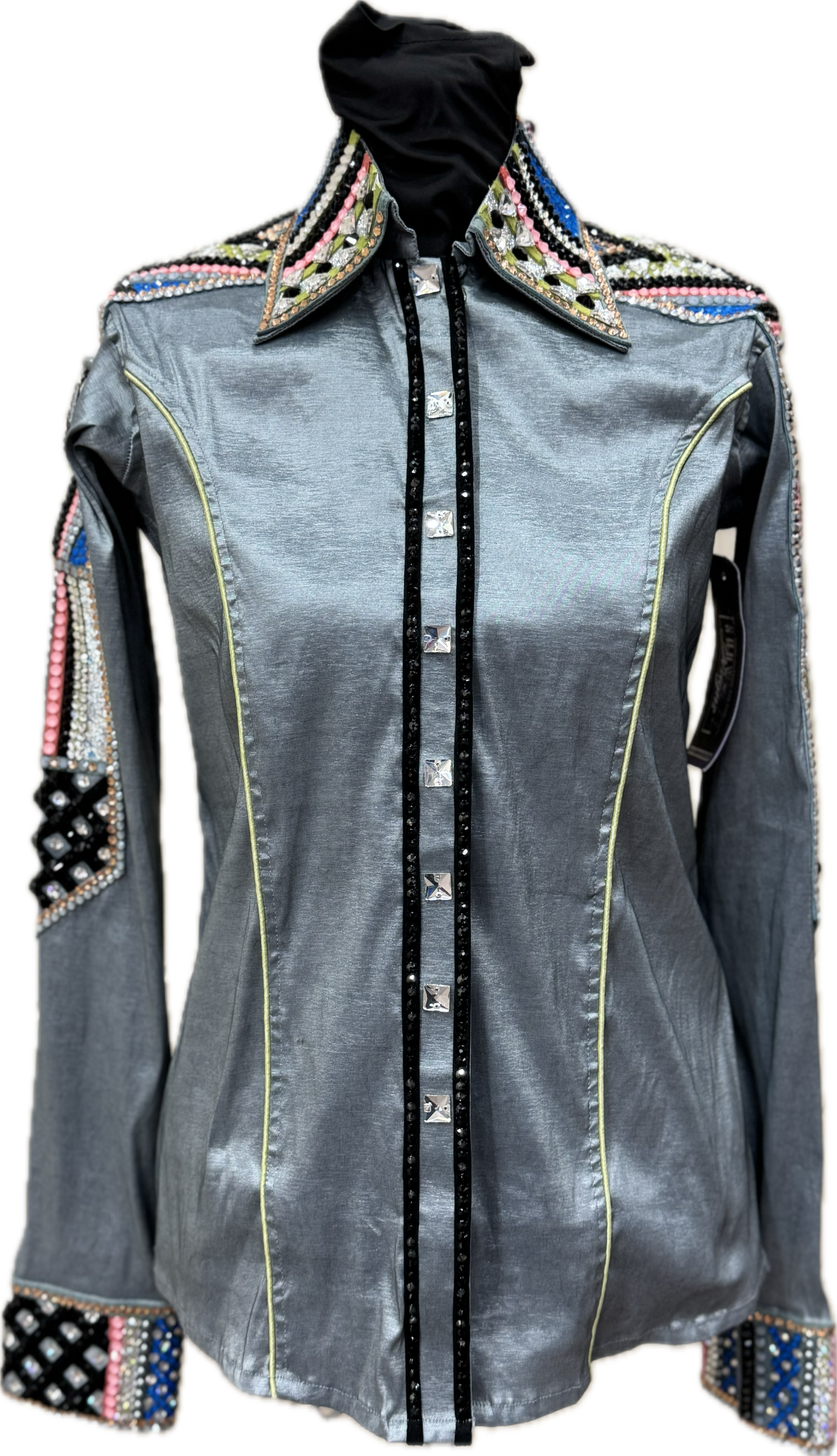 Size Small Light Grey Stretch Taffeta with Coral, Lime Green, Neon Blue and Black Accents