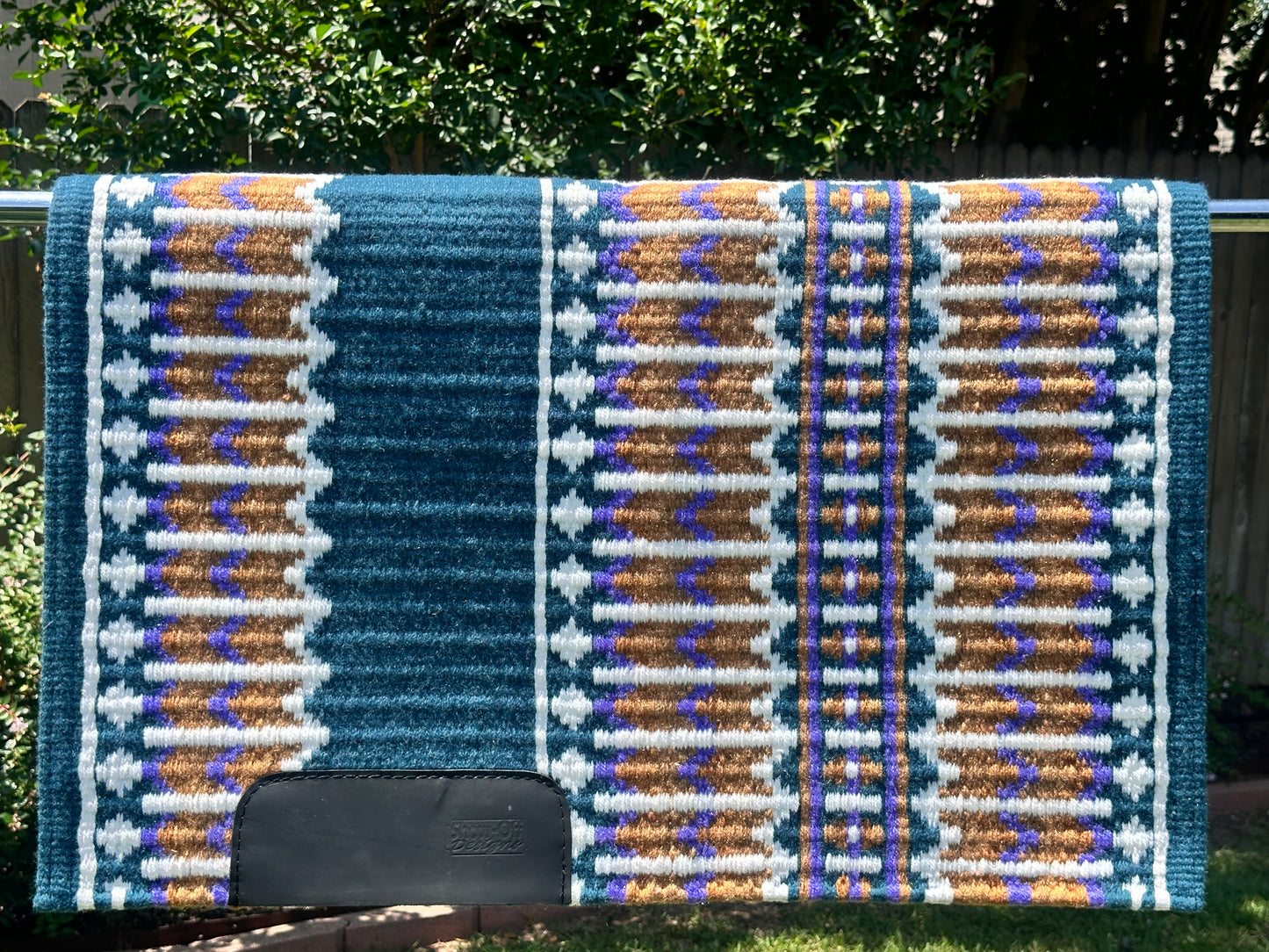 B198 Oversized Saddle Blanket ocean blue, white, lavender, raw umber, indian tan, gold