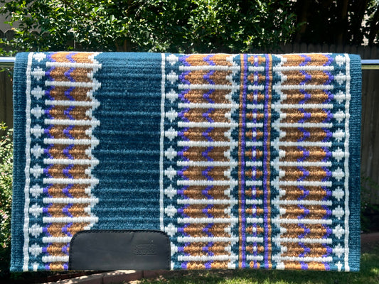 B198 Oversized Saddle Blanket ocean blue, white, lavender, raw umber, indian tan, gold