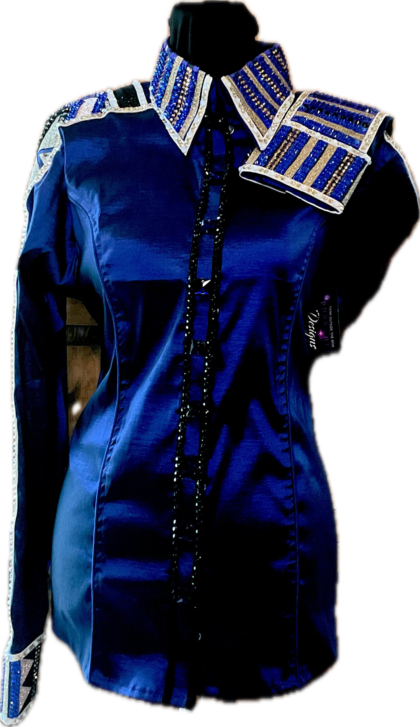 XL Day Shirt Royal Blue stretch taffeta with Gold, Rose Gold, and Black