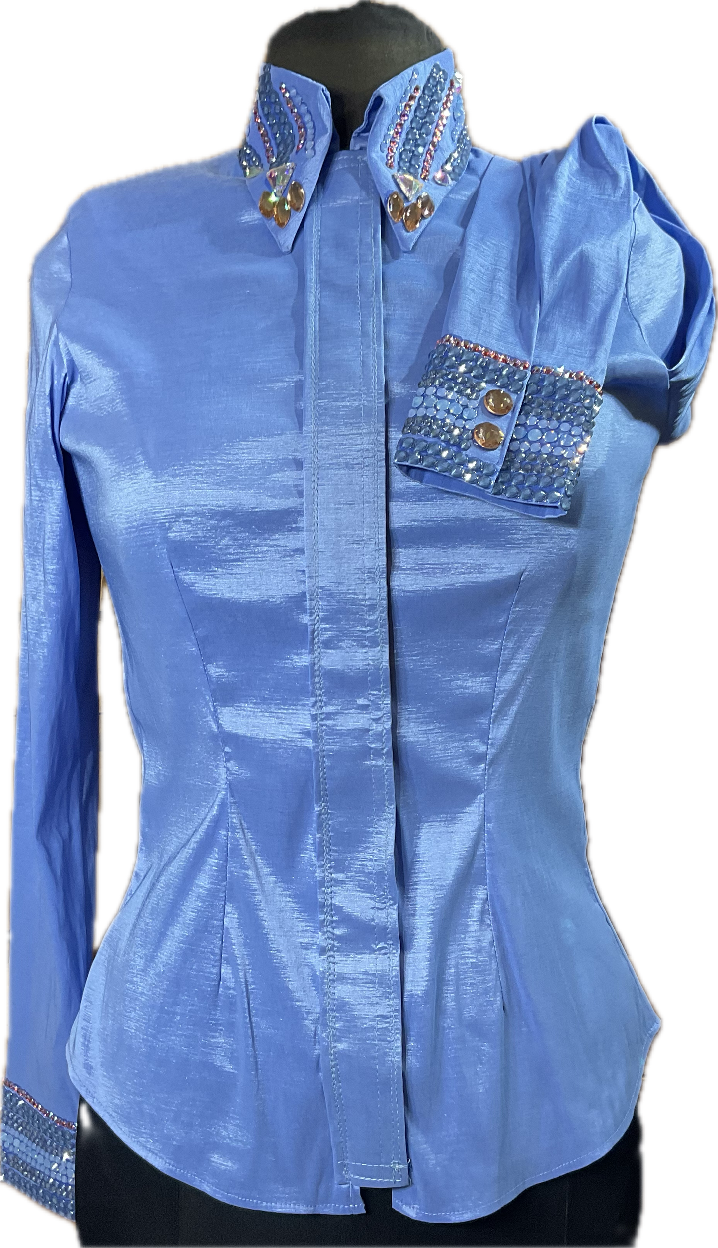 Size medium vest set with periwinkle stretch taffeta matching shirt. Detachable fringe. Pink, blues, cream and gold accents