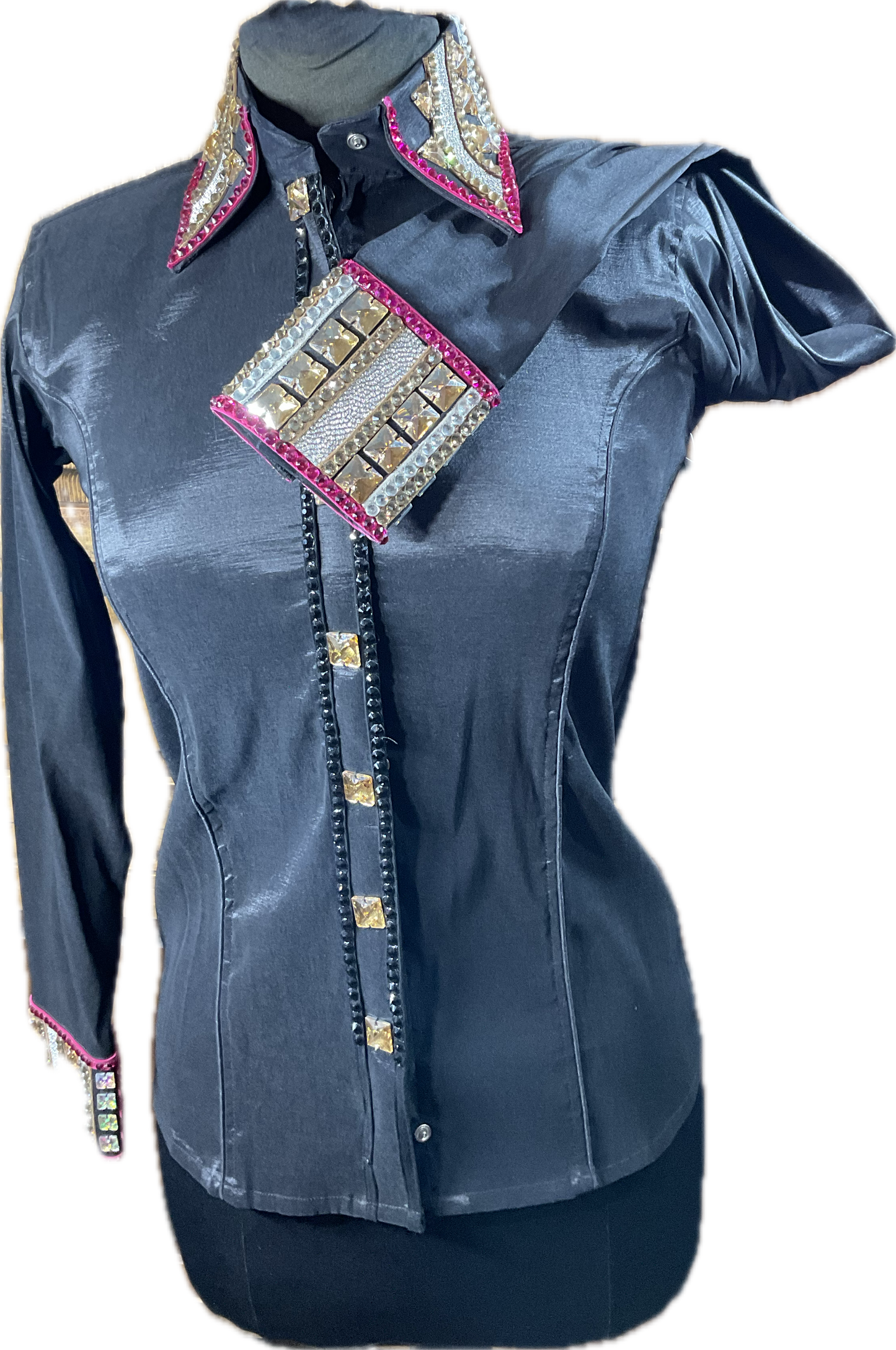 Small Black stretch taffeta day shirt with pink and gold designs