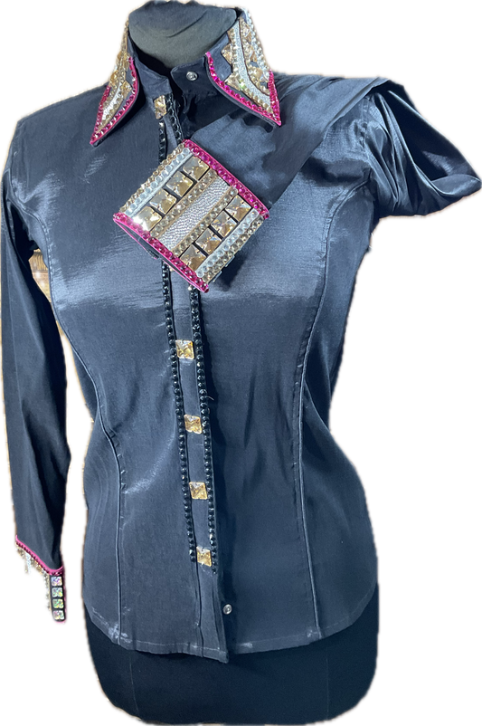 Small Black stretch taffeta day shirt with pink and gold designs