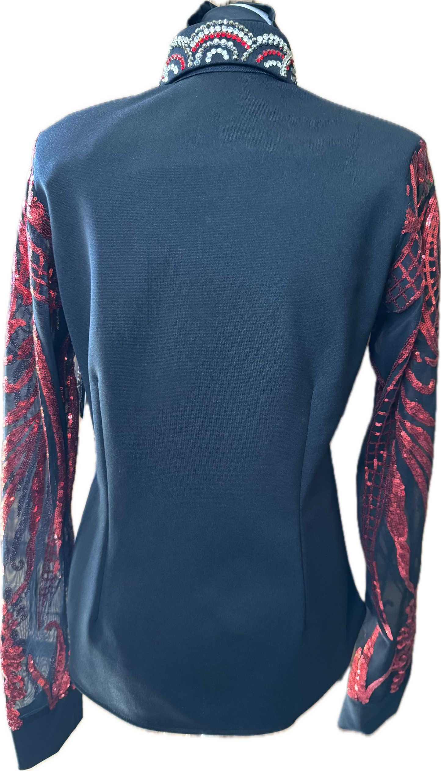 Size small black stratch day shirt with red sequin lace sleeves