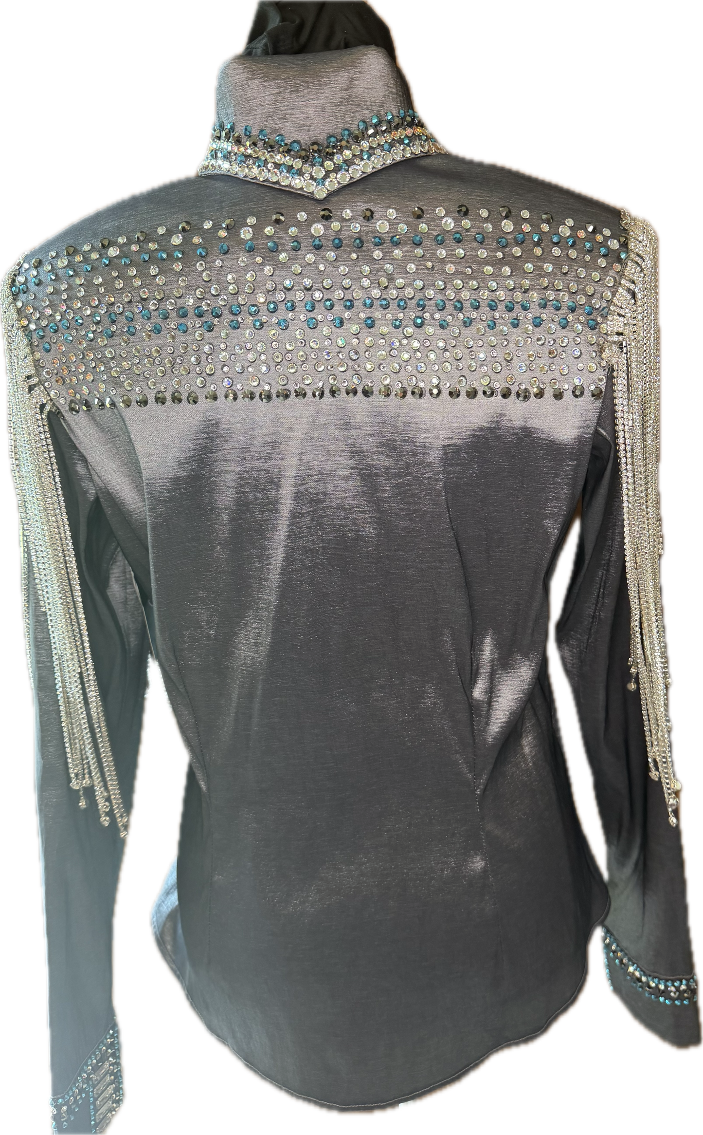 Size Medium Charcoal Stretch Taffeta Day Shirt with Crystal Fringe and Retro Design