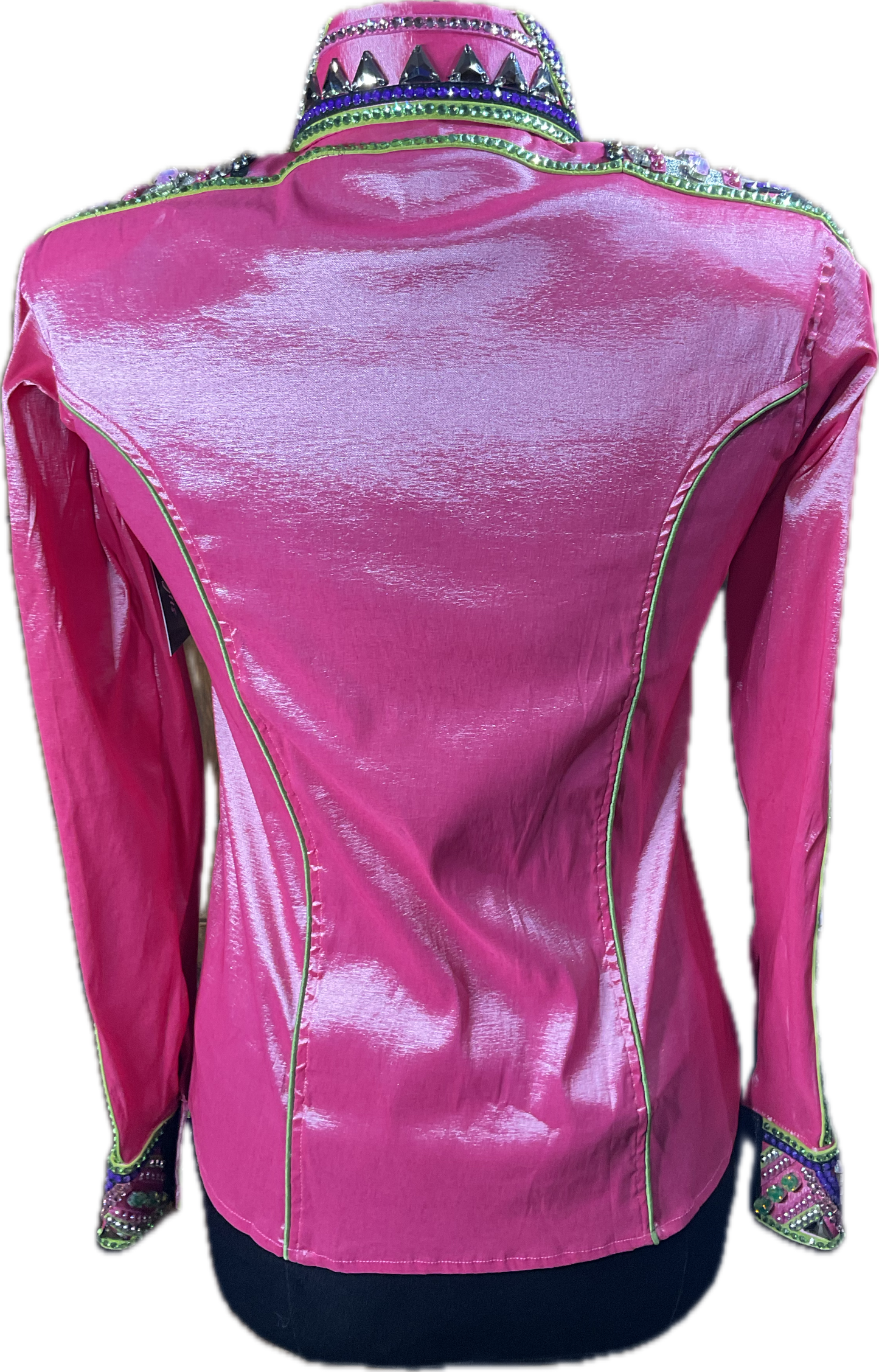 Medium bright pink stretch taffeta day shirt with full arm design. Green, pink, black and french tan accents