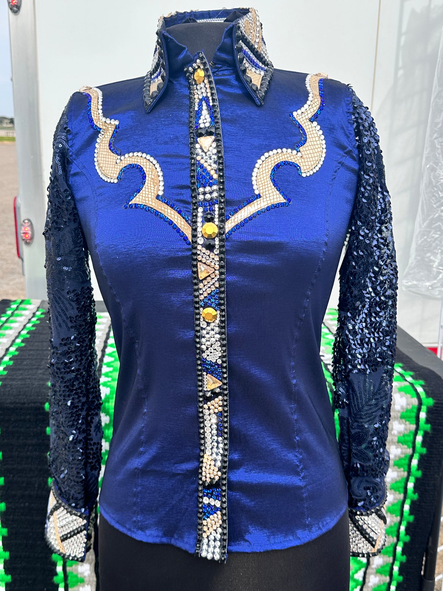 XS day shirt stretch taffeta navy with gold accents sequin sleeves