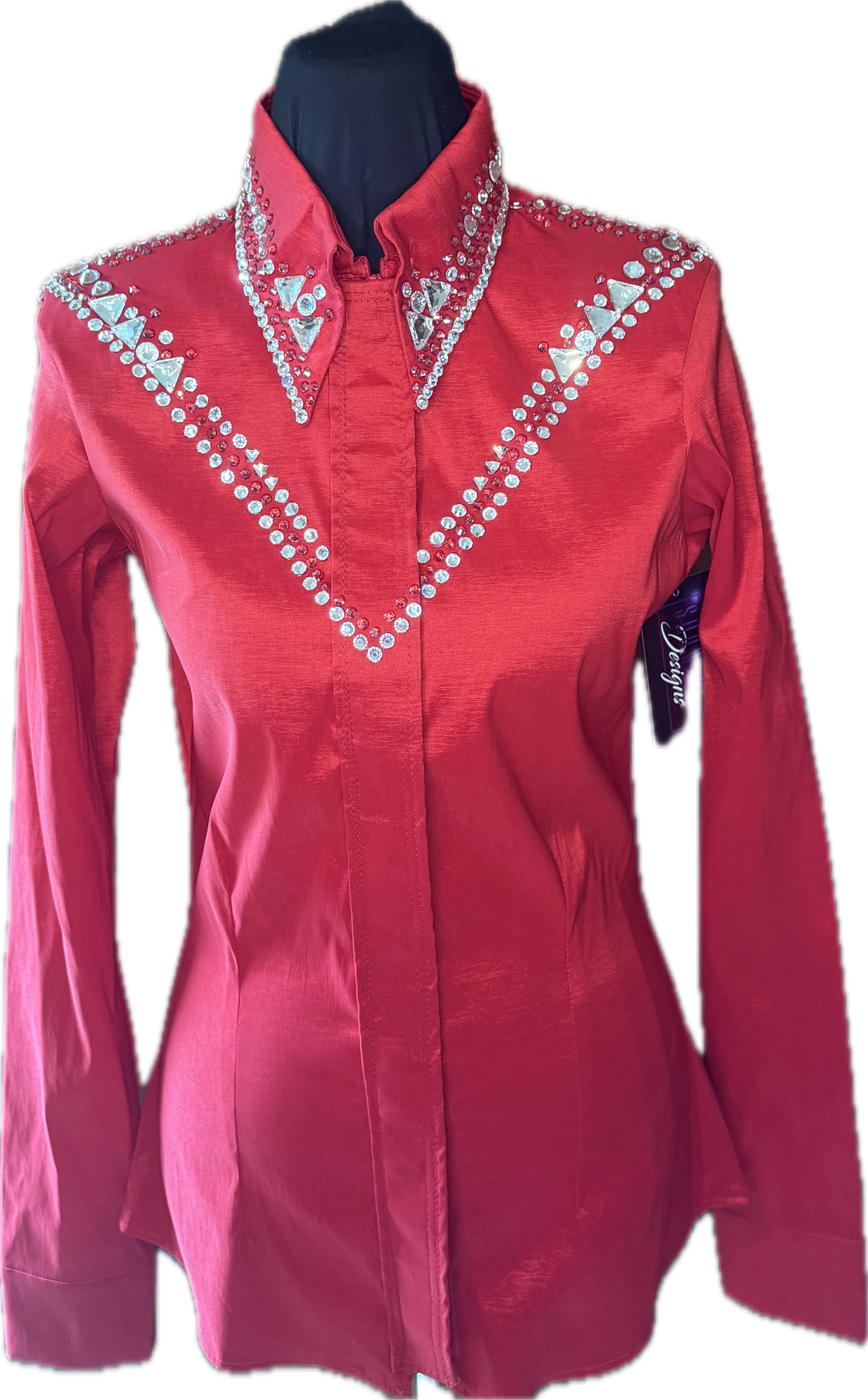 Size small day shirt Red Stretch Taffeta with Clear Retro Crystal Design