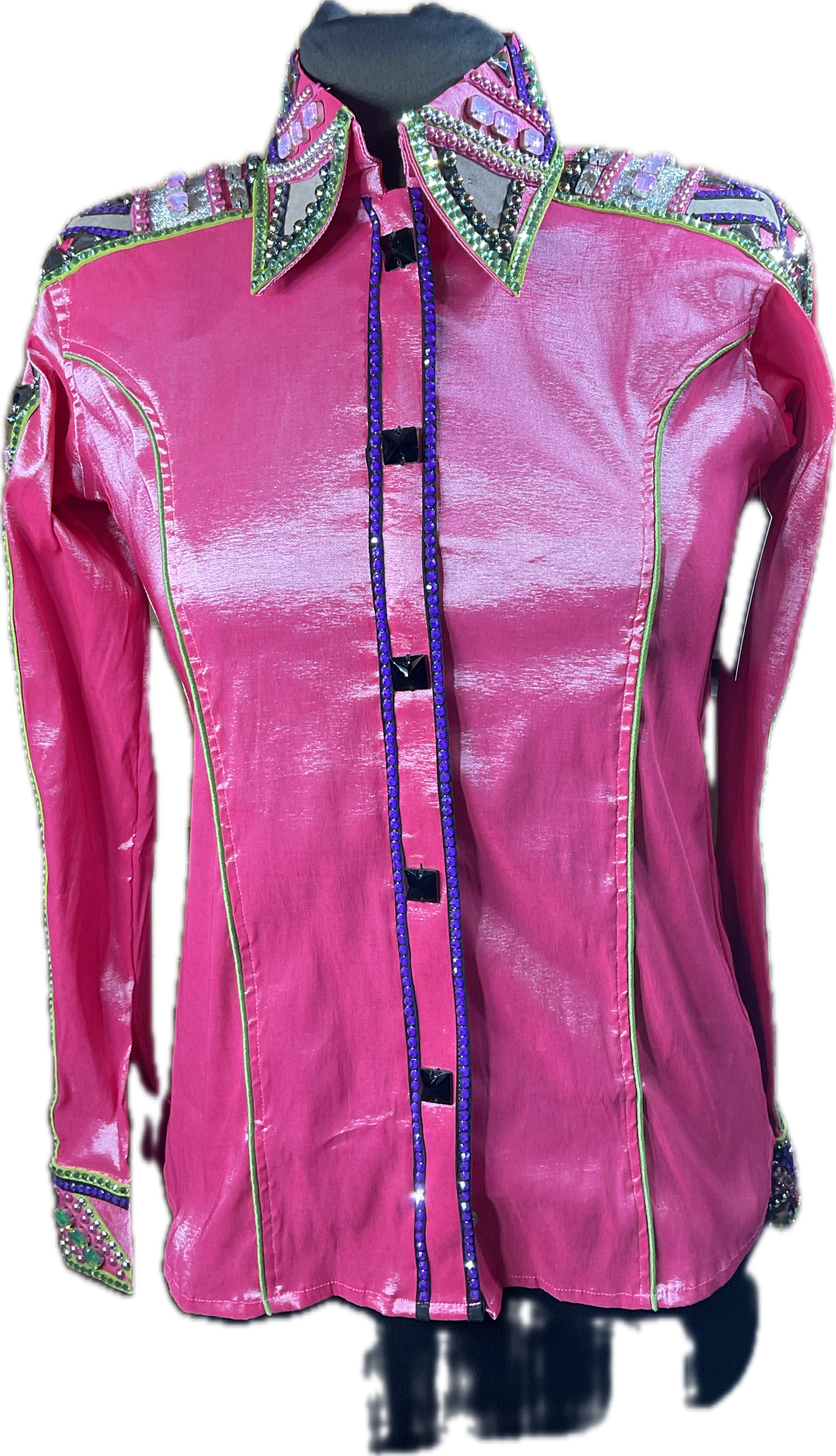 Medium bright pink stretch taffeta day shirt with full arm design. Green, pink, black and french tan accents