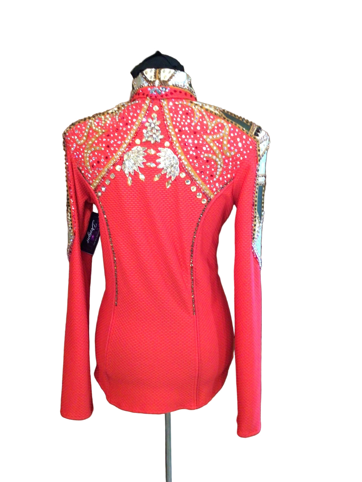 Medium Red Textured Stretch Lycra with Green and Silver Shoulder and Sleeve Details