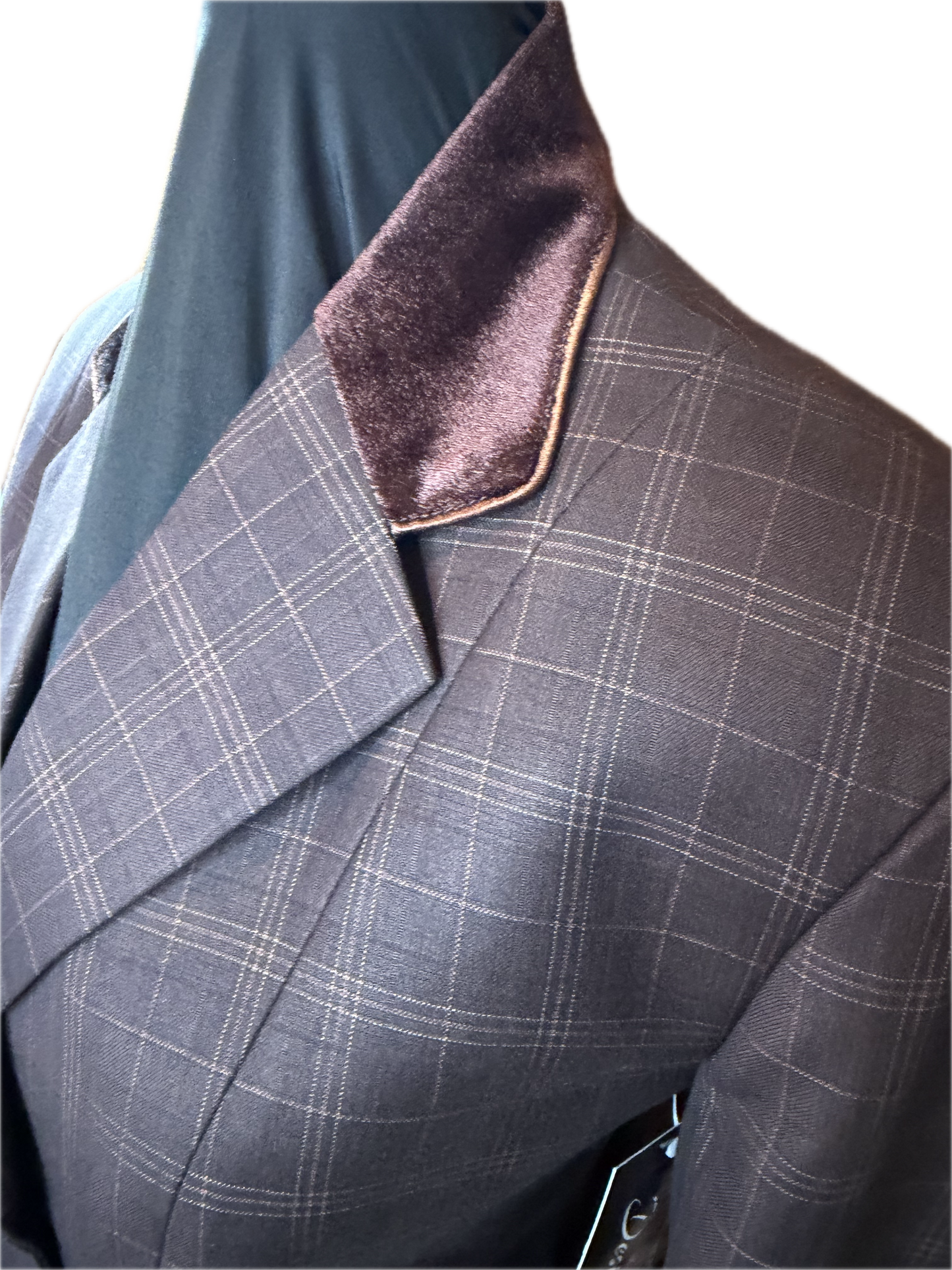 *40 Bust* Brown Plaid with Brown Velvet Collar and Trims