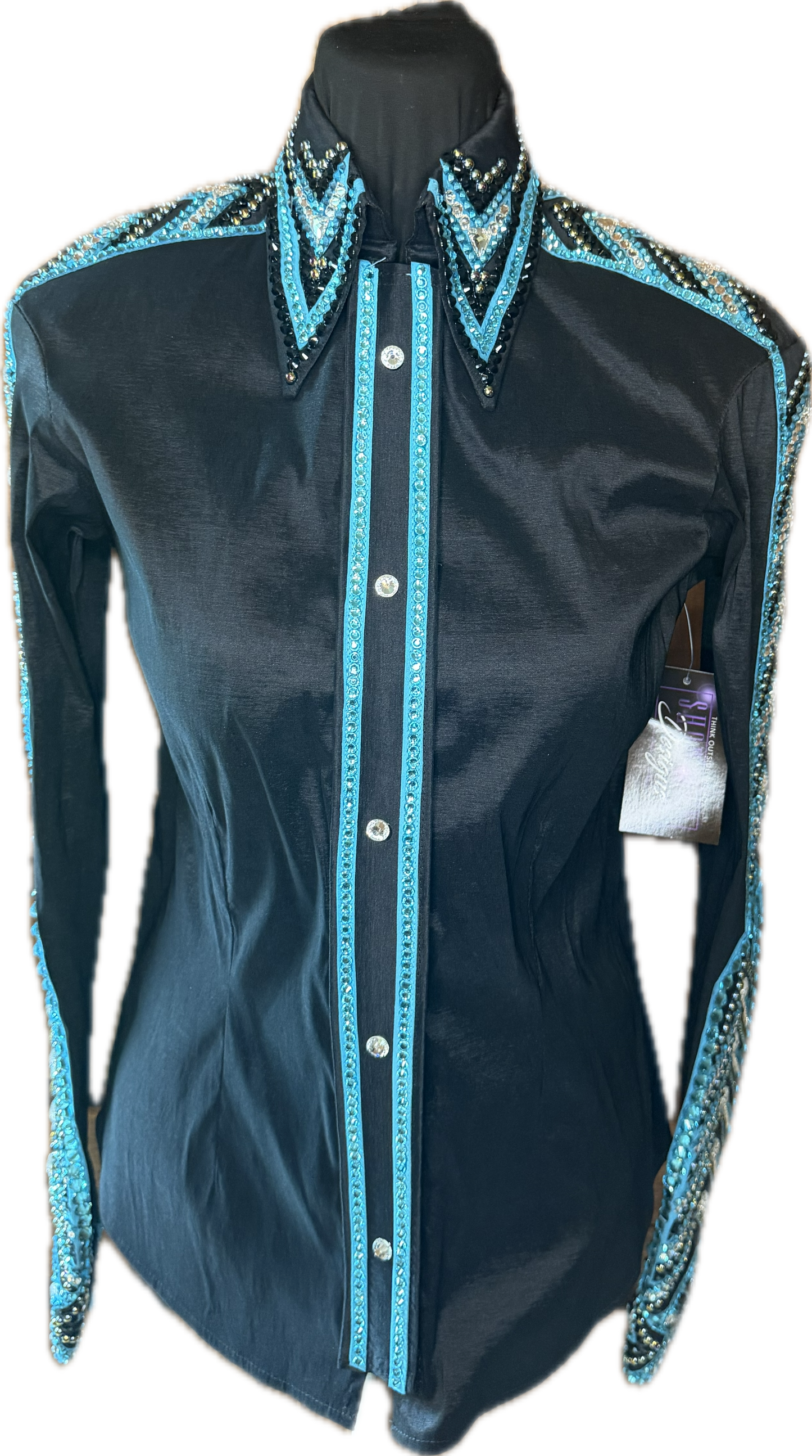 Size Small Black Stretch Taffeta With Aqua Blue and Clear Crystals
