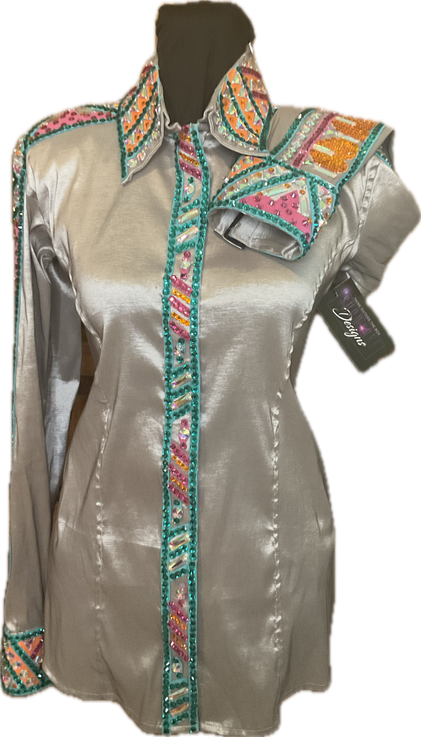 Size Medium Silver Stretch Taffeta Day Shirt with Aqua, Pink, and Orange