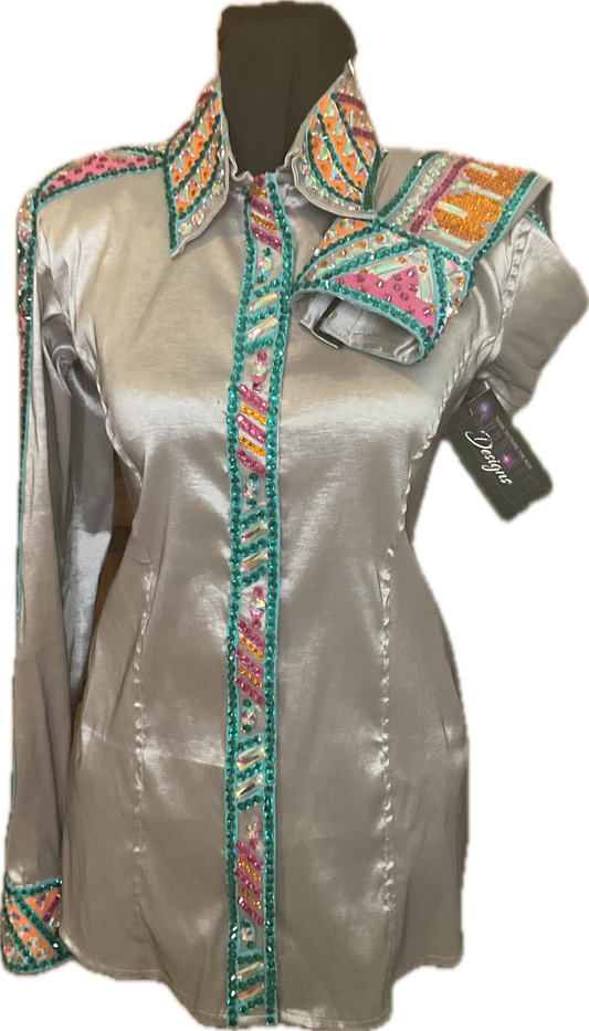 Size Medium Silver Stretch Taffeta Day Shirt with Aqua, Pink, and Orange