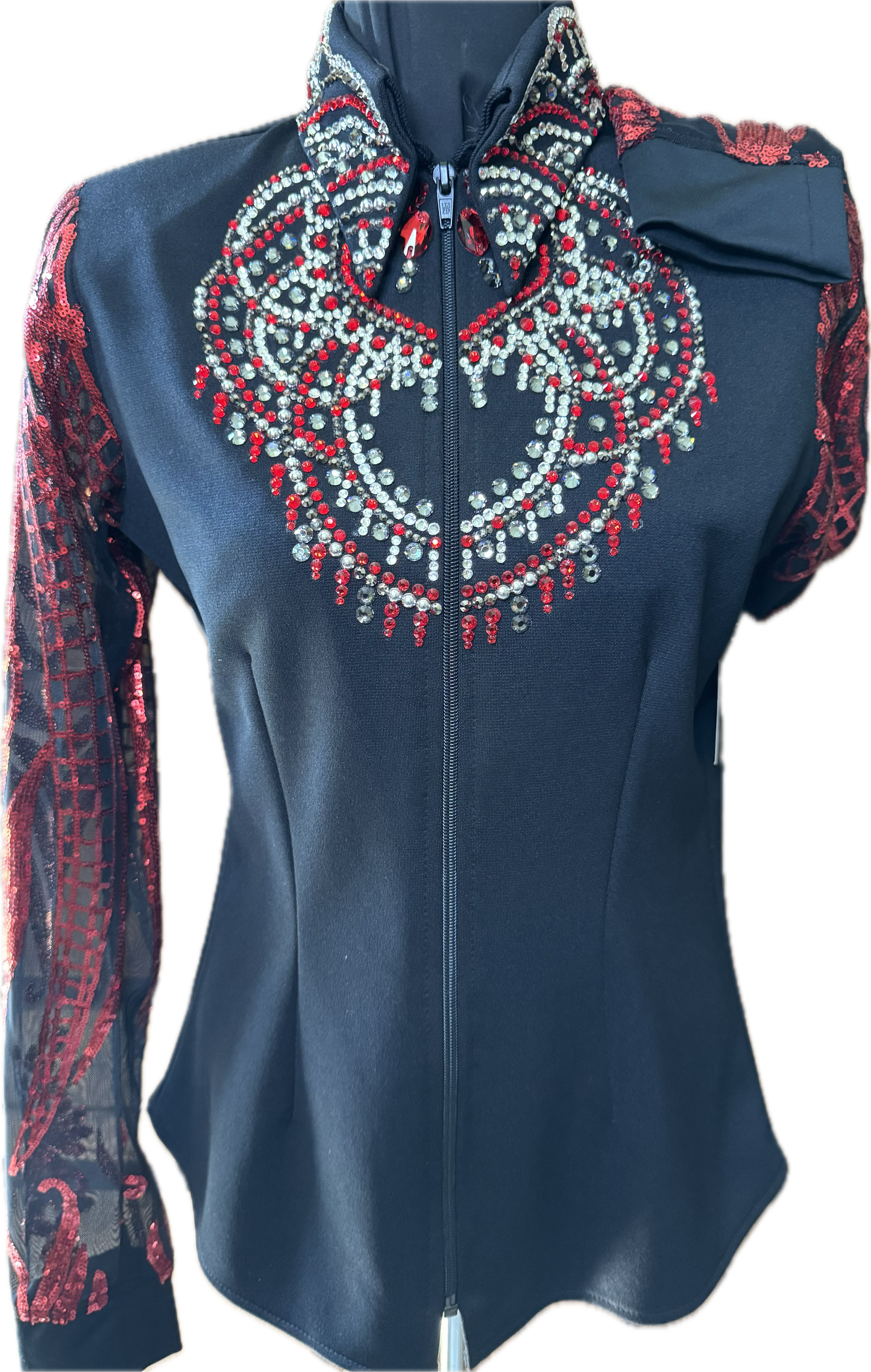 Size small black stratch day shirt with red sequin lace sleeves