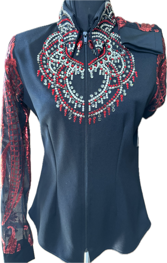 Size small black stratch day shirt with red sequin lace sleeves