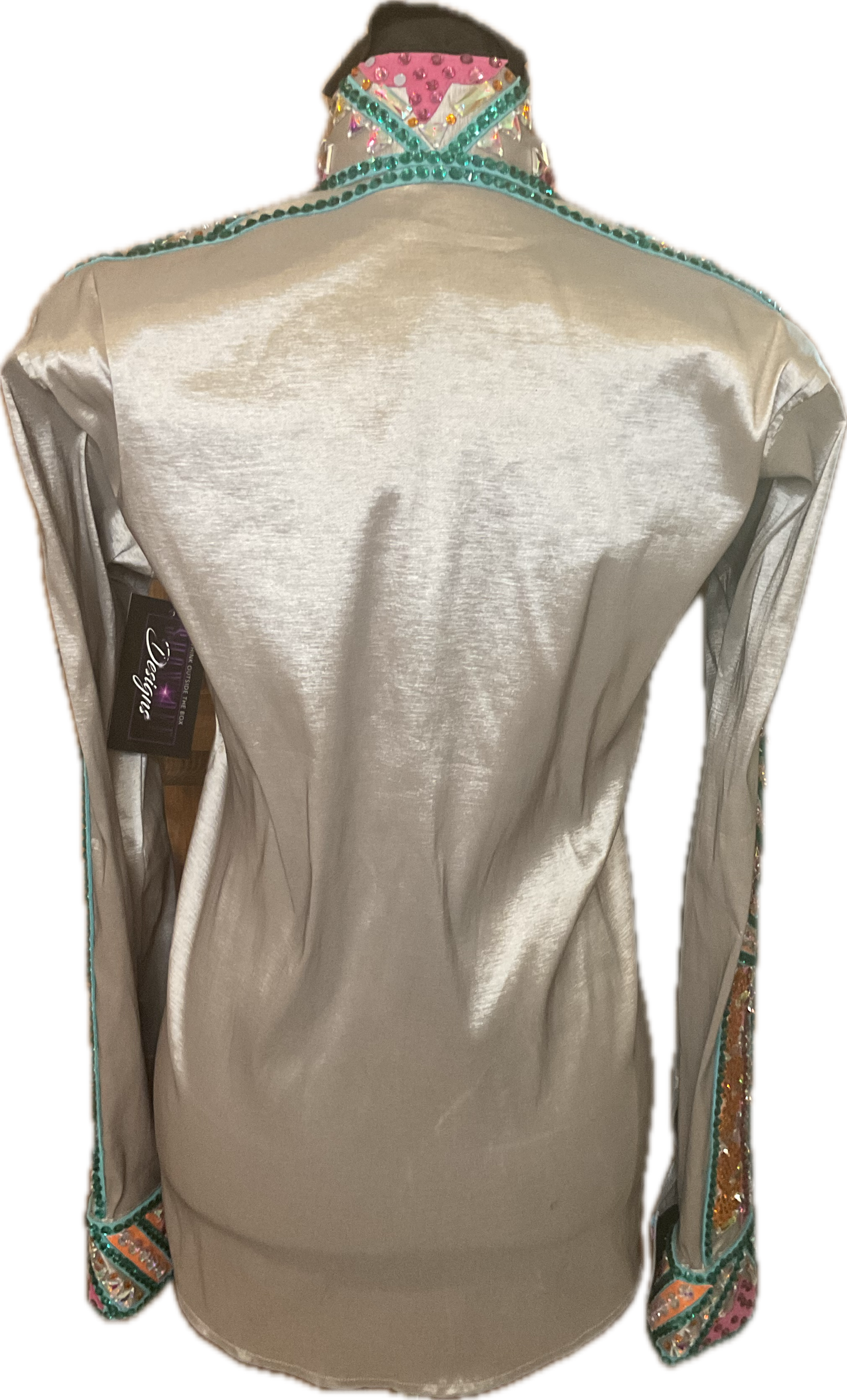 Size Medium Silver Stretch Taffeta Day Shirt with Aqua, Pink, and Orange
