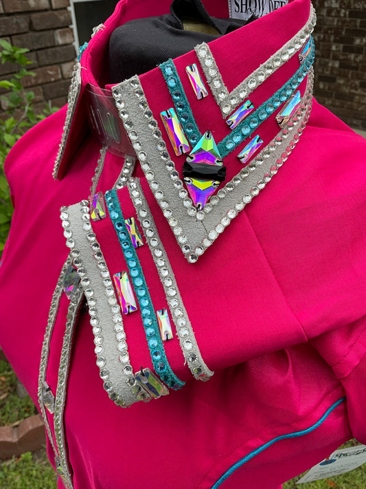 Size medium Pink stretch taffeta with silver and turquoise