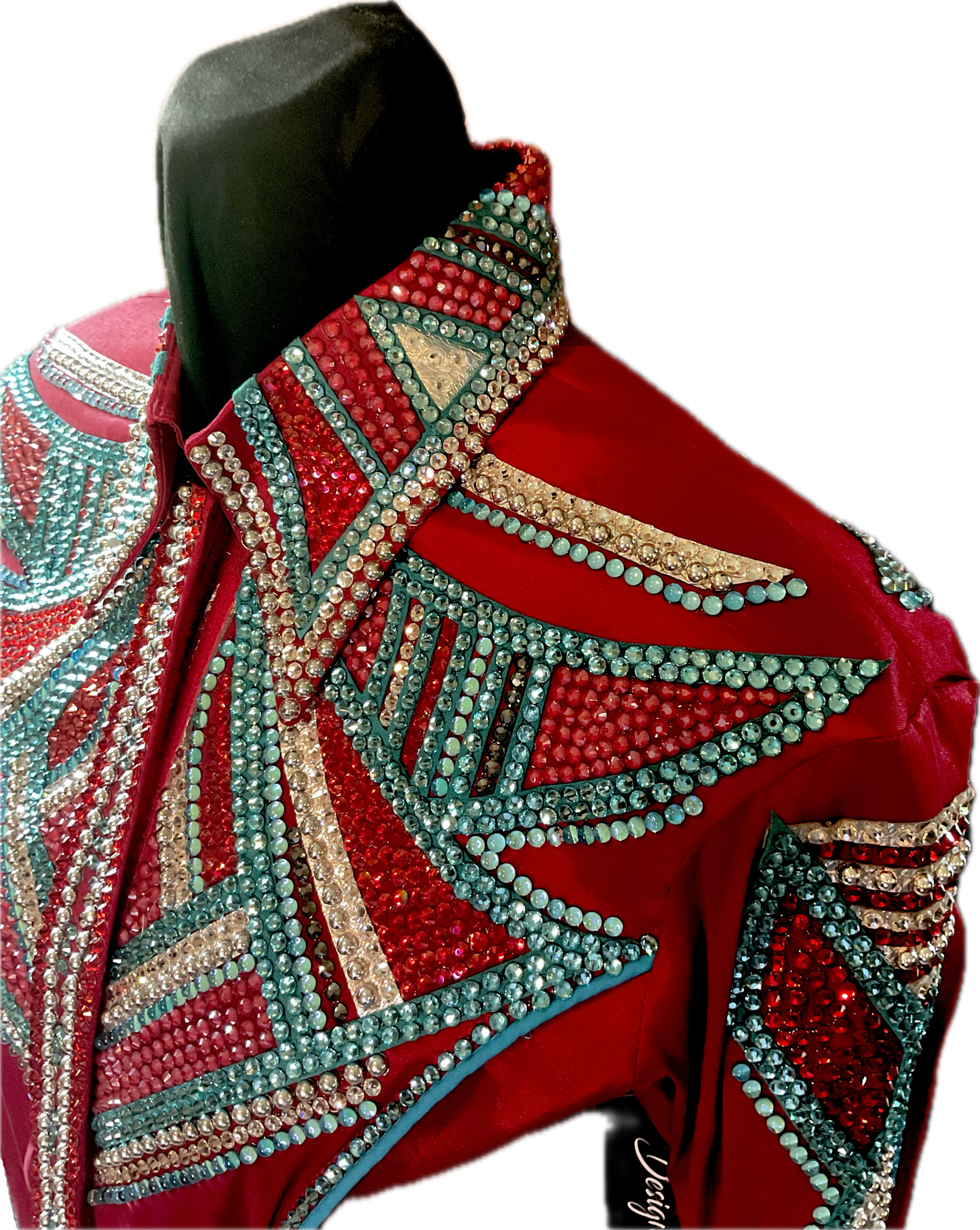Large Red Stretch Taffeta Day Shirt with Aqua and Silver