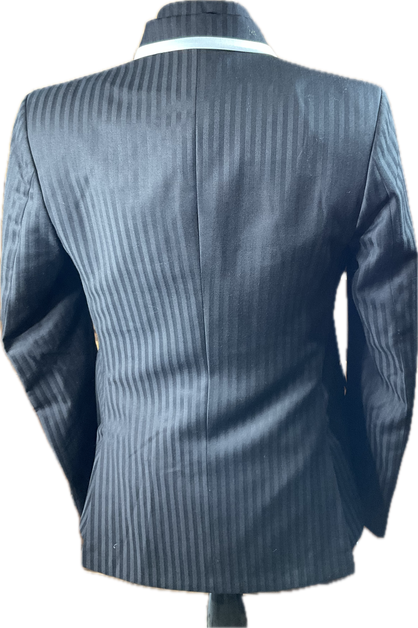 *38 Bust* Black pinstripe blue trims showmanship jacket with matching shirt. Hidden zippers behind the buttons.