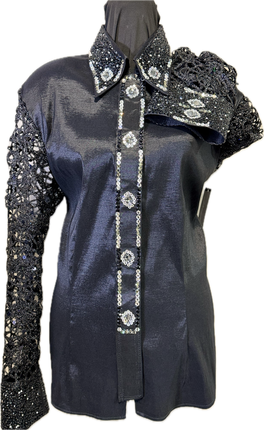 XXL Black Stretch Taffeta Day Shirt with black Lace Sleeves