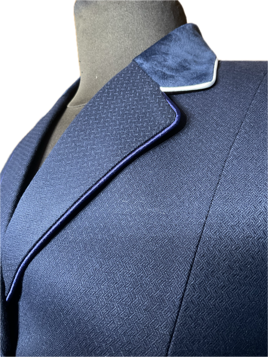 Navy Diamond Print with Navy Velvet Collar. White and Navy Piping. Hidden Zipper