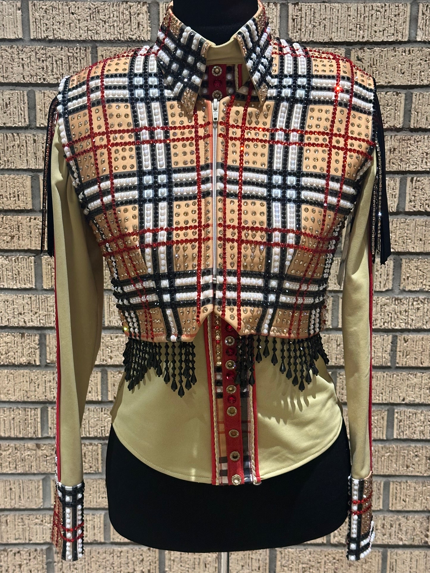 Extra Small Gold, and red plaid Bollero Vest WITH DETACHABLE FRINGE. back fringe and bottom fringe