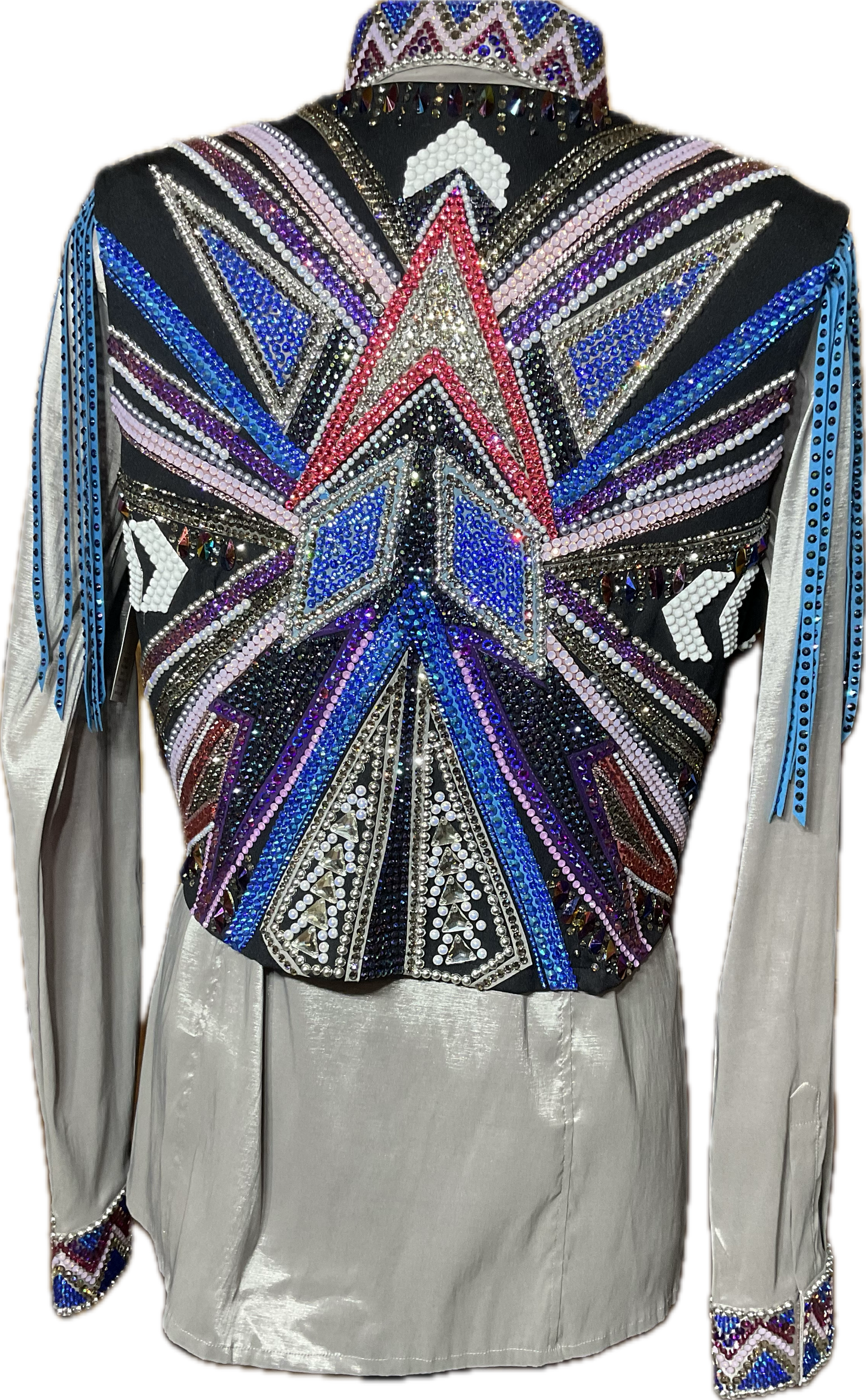 Size XXL black vest set with purples and blues. Detachable shoulder fringe and matching silver stretch taffeta day shirt