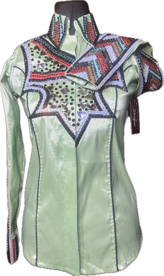 Small Stretch Taffeta Mint Green with Orange, Gold, Aqua, Black and Opal