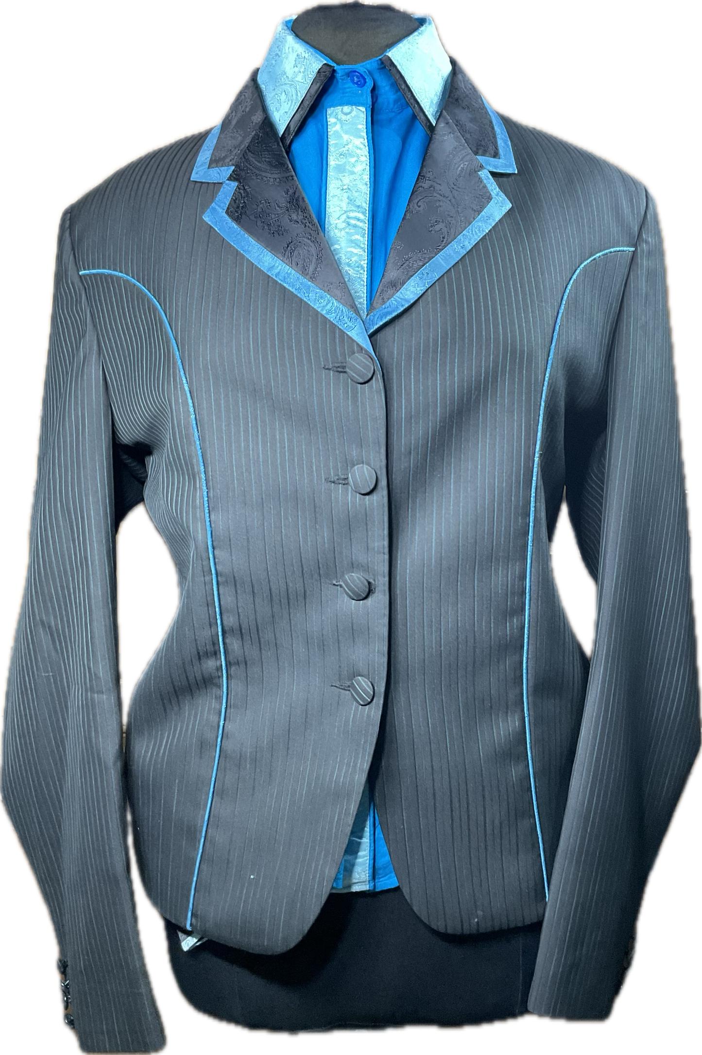 *44 Bust* Black and turquoise pinstripe showmanship/halter coat and shirt set 24" coat length