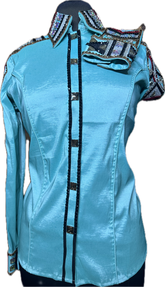 Size Large Mint Green Stretch Taffeta with Black, Silver, Red and Gold