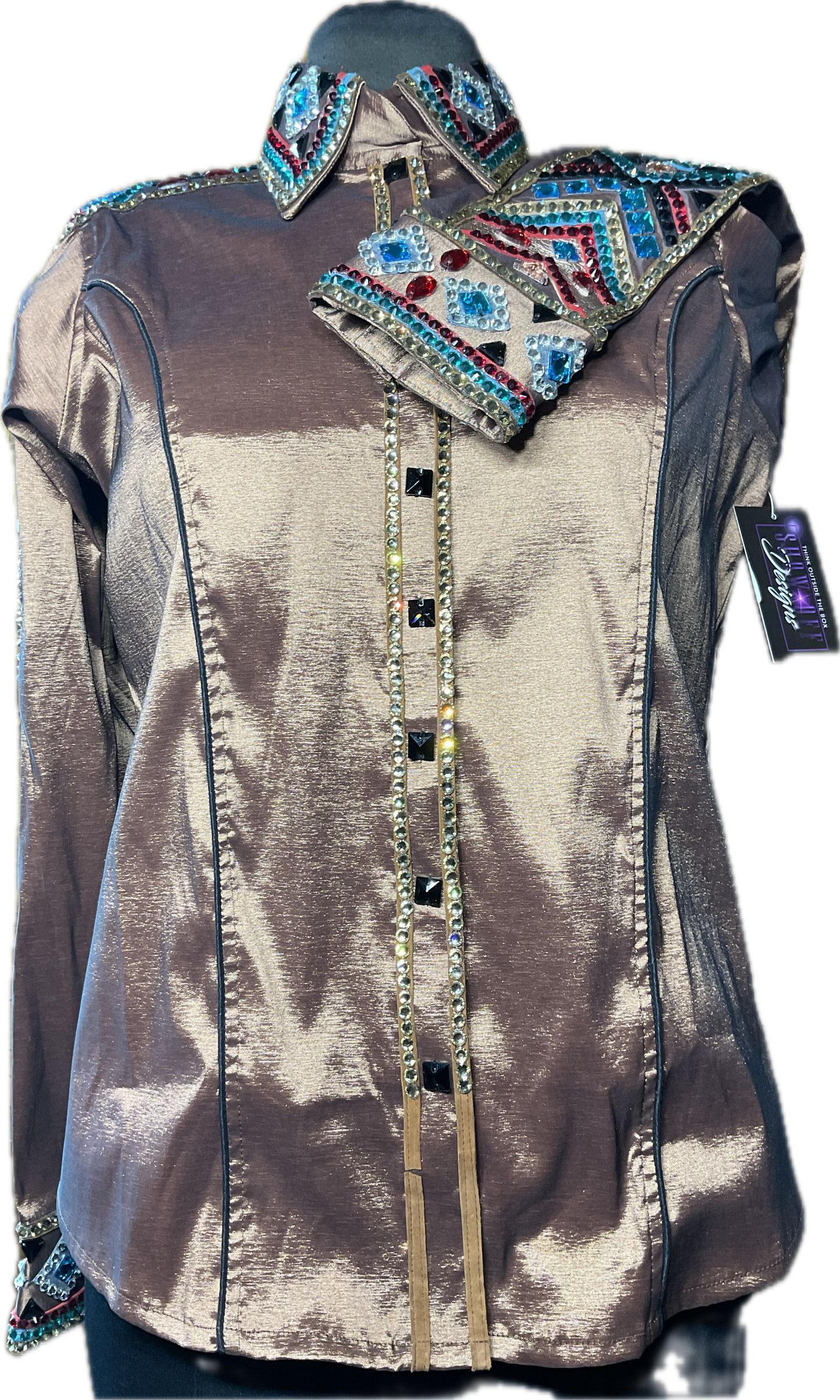 Size Large Brown Stretch Taffeta Day Shirt With Black, Gold, Red and Aqua Blue Accents