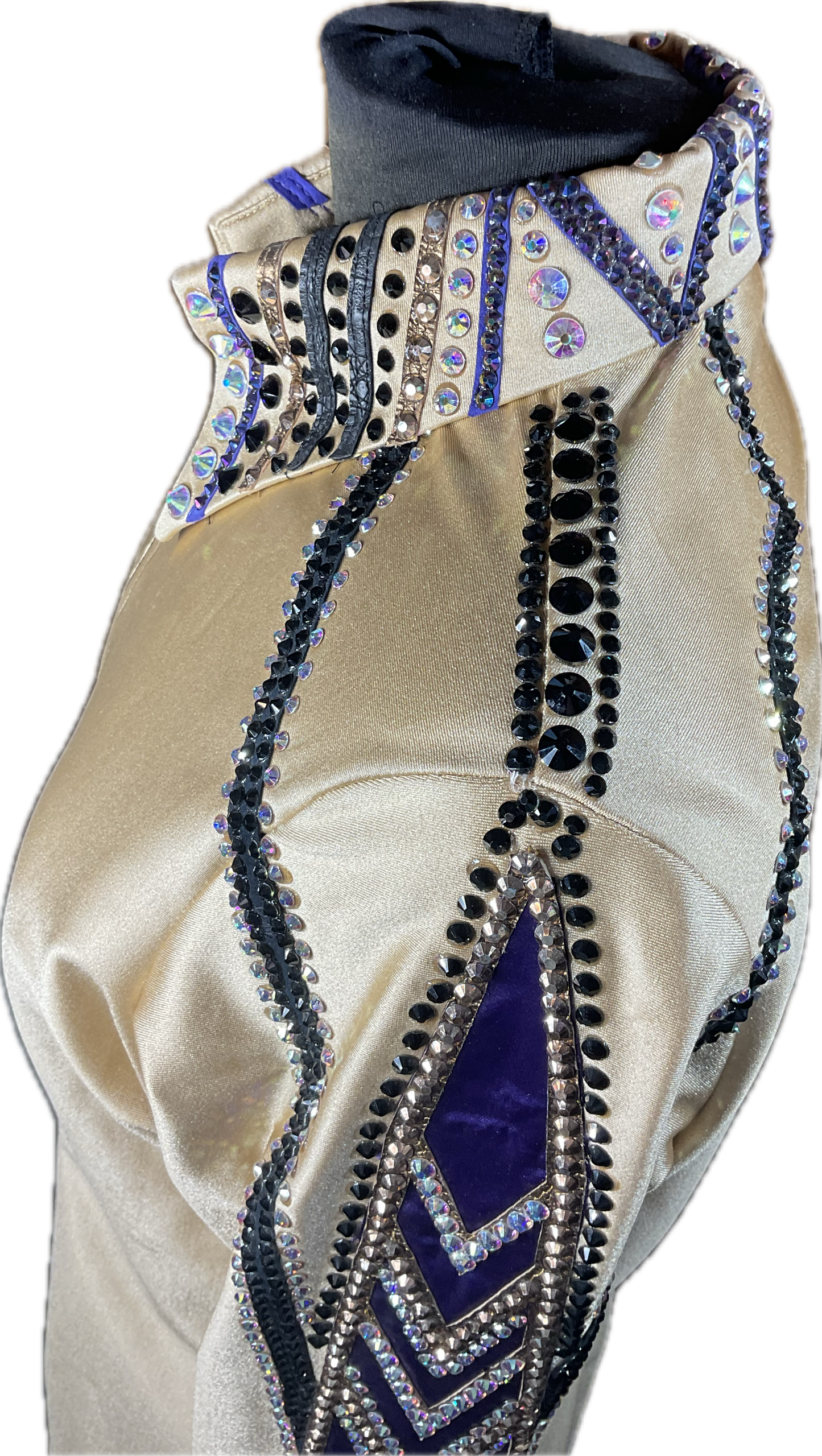 Medium gold stretch heavy lycra with purple and black accents GORGEOUS