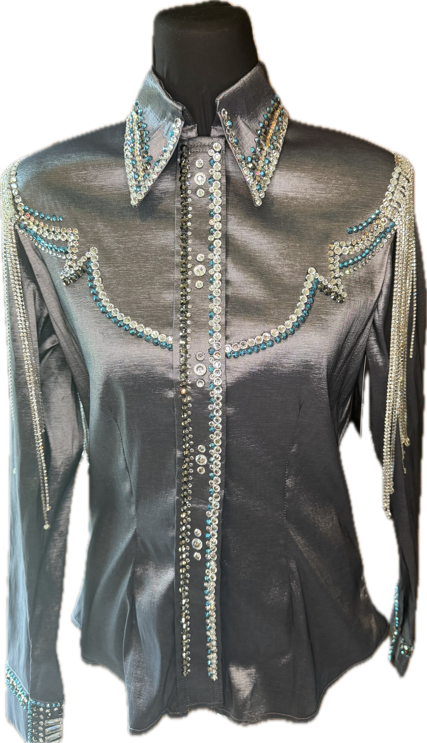 Size Medium Charcoal Stretch Taffeta Day Shirt with Crystal Fringe and Retro Design