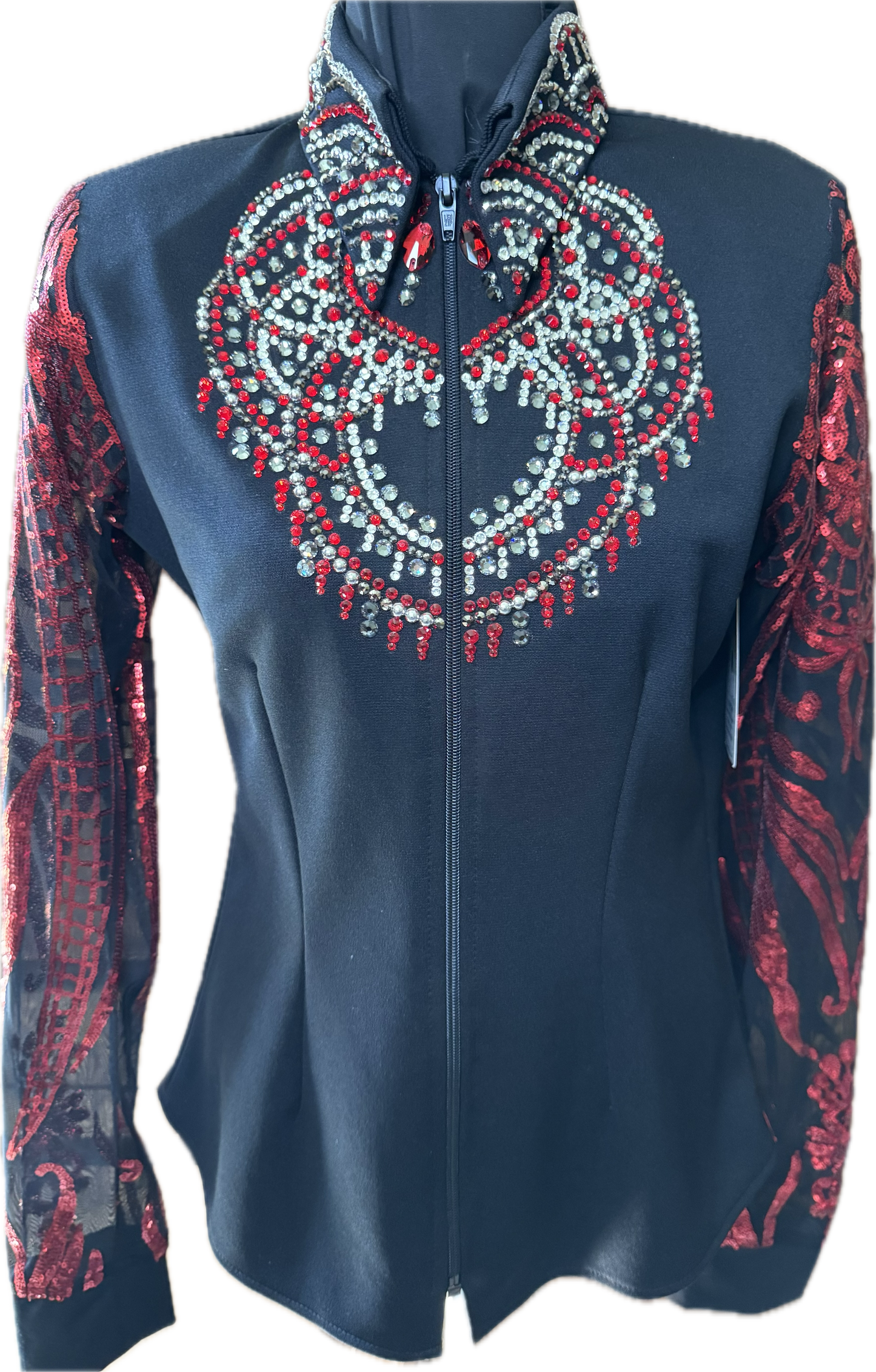 Size small black stratch day shirt with red sequin lace sleeves