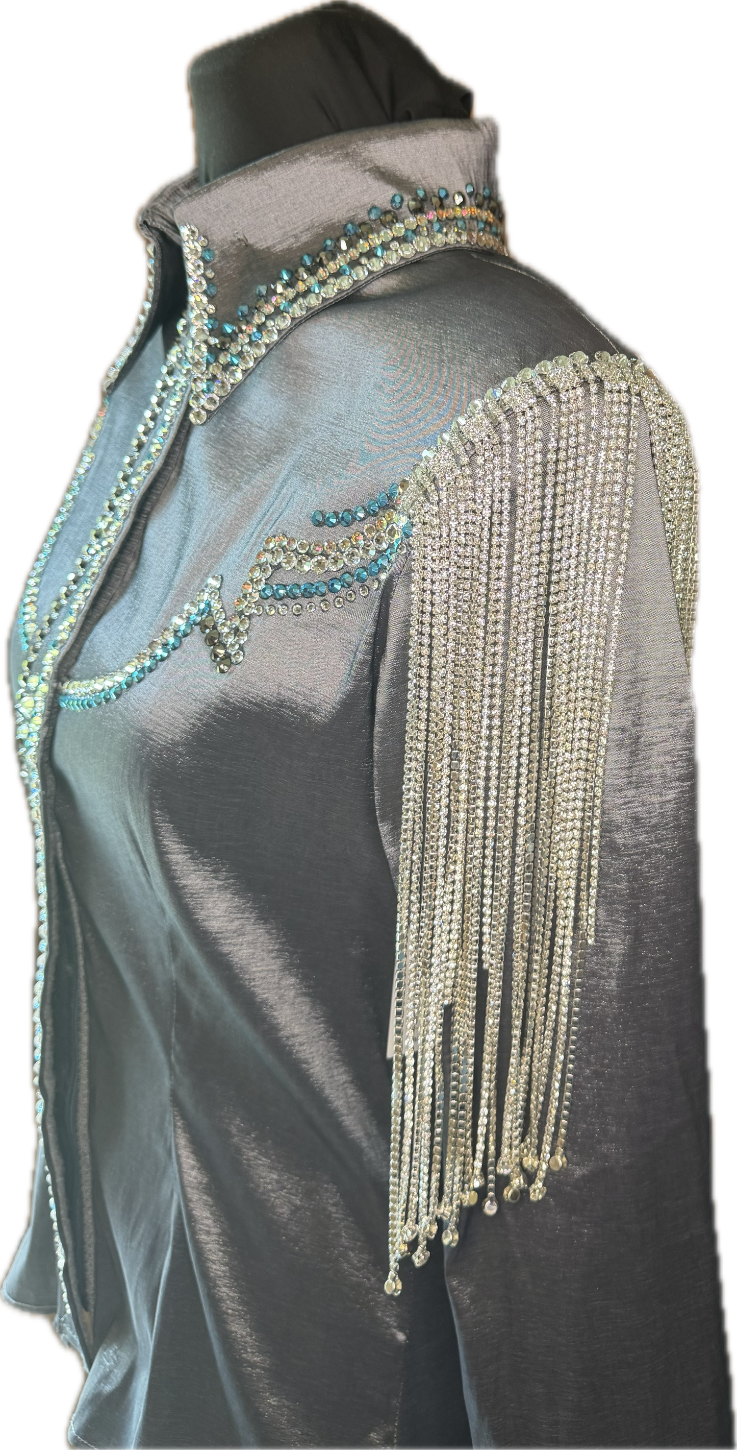 Size Medium Charcoal Stretch Taffeta Day Shirt with Crystal Fringe and Retro Design