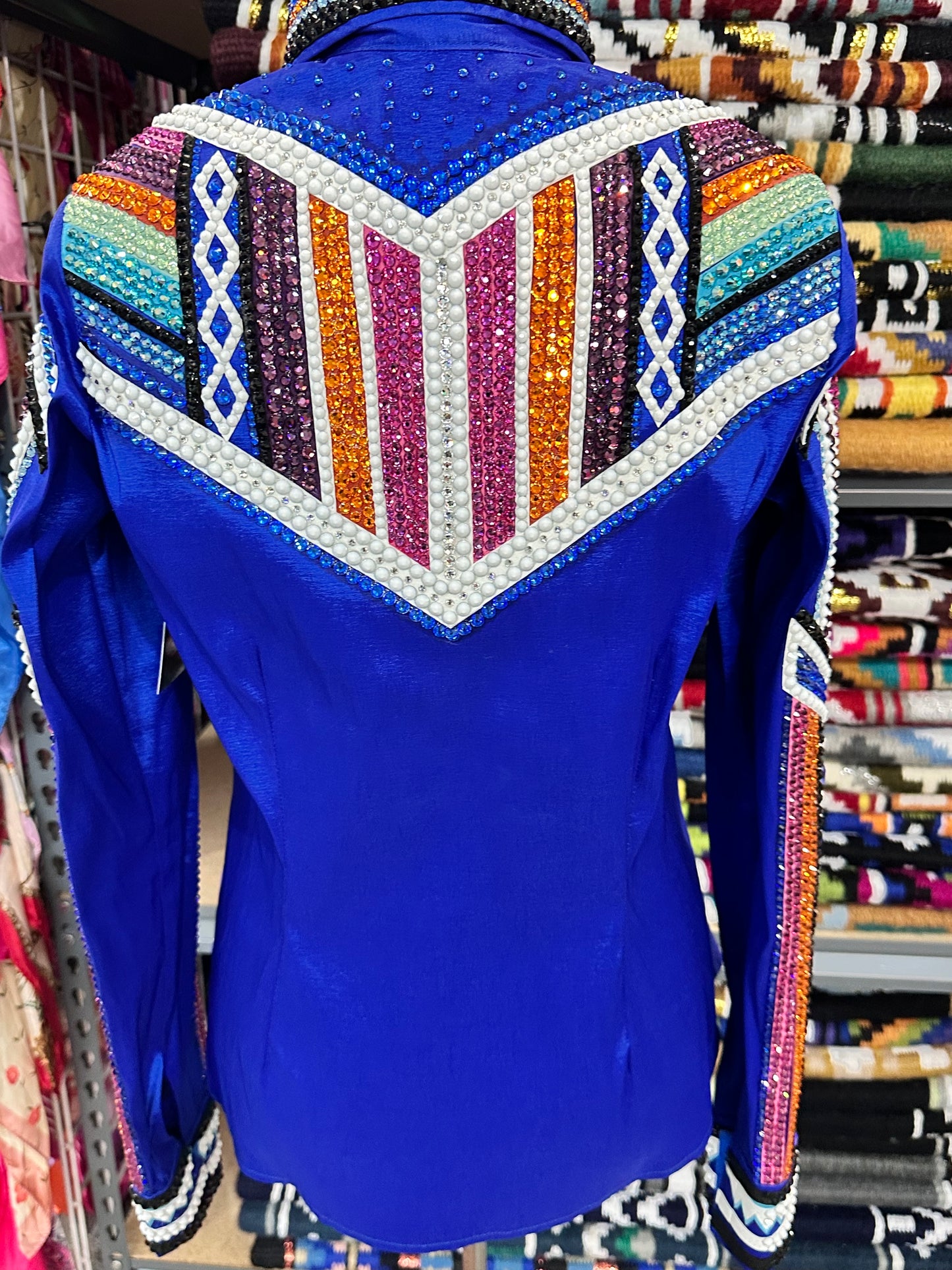 Day Shirt Size Medium royal blue stretch taffeta base with hidden zipper. Multi bright colored design. LOVE THIS ONE!