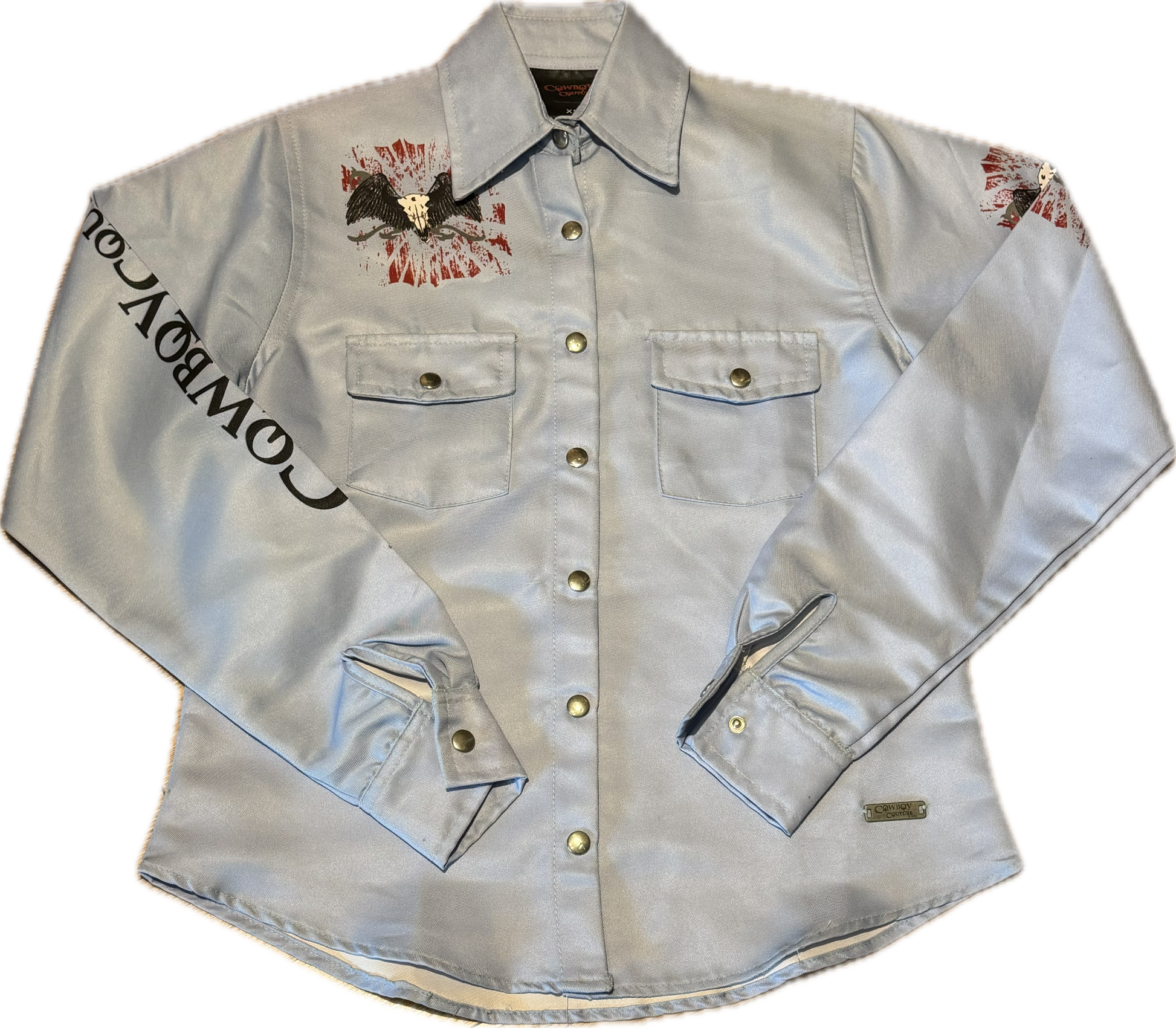 Cowboy Couture -Ladies Sky Blue Graphic- Extra Small (ONE ONLY) – Show-Off Designs