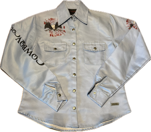 Cowboy Couture  -Ladies Sky Blue Graphic- Extra Small (ONE ONLY)